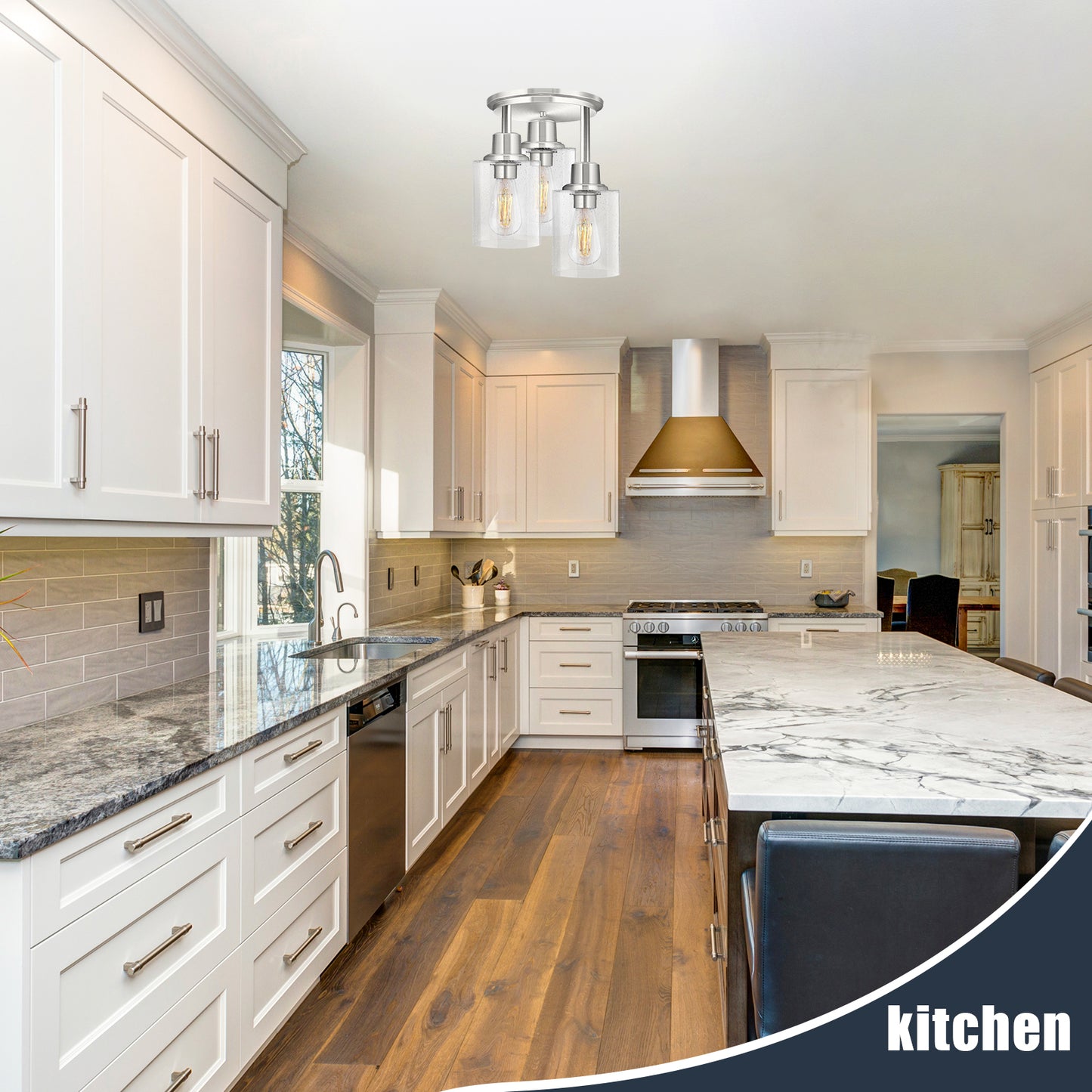 Semi Flush Mount Ceiling Light, 3-Light Close to Ceiling Light Fixtures, Brushed Nickel Finish Kitchen Light Fixture with Clear Seeded Glass Shade Patriot Lighting for Stairs Porch Hallway Entryway