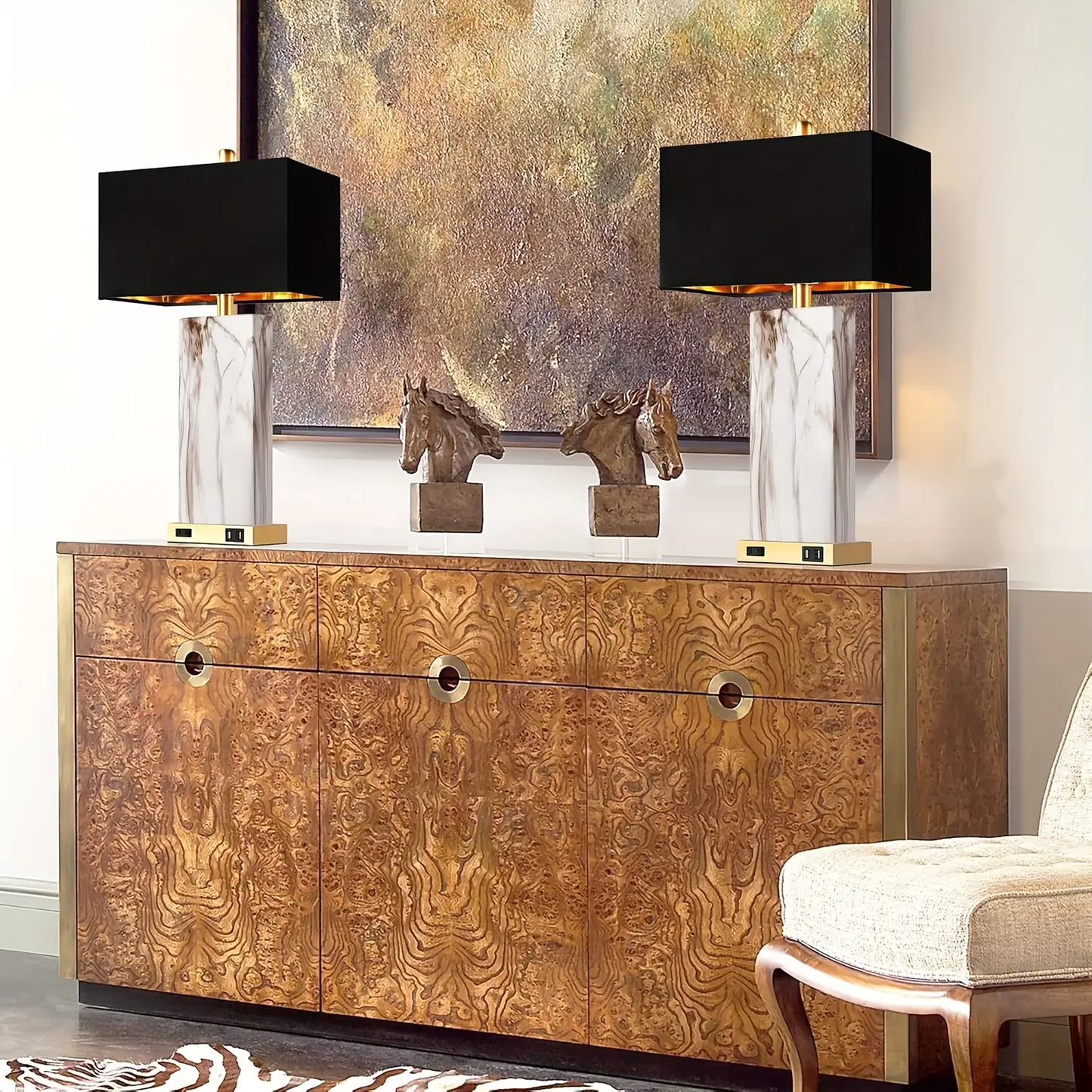 ROTTOGOON Touch Control Table Lamps Set of 2, Modern Ceramic Bedside Lamp with 2 USB Ports 1 AC Outlet for Living Room, Bedroom (LED Bulbs Included)