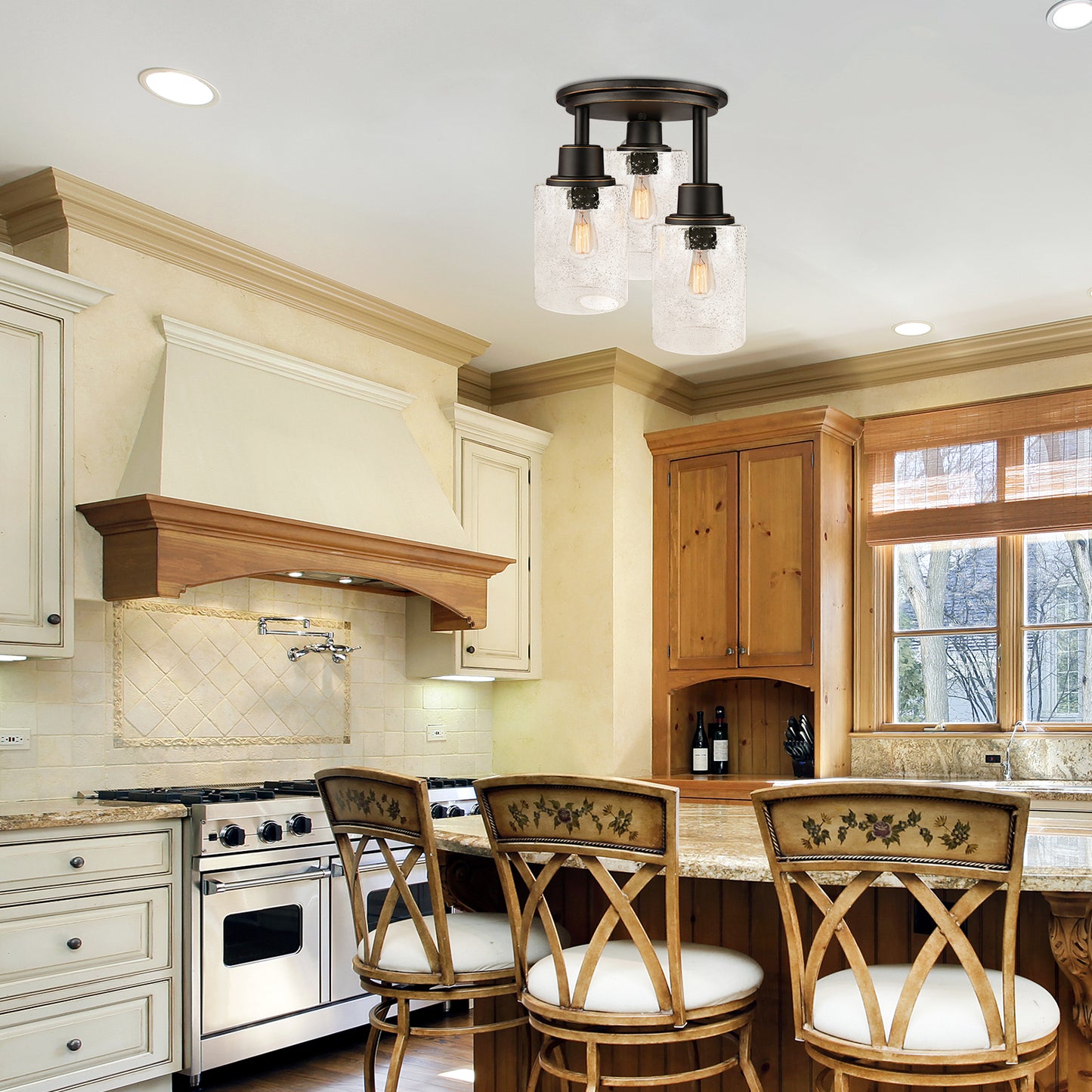 Semi Flush Mount Ceiling Light, 3-Light Close to Ceiling Light Fixtures, Vintage Oil-Rubbed Bronze Finish with Clear Seeded Glass Shade Chandelier Lighting for Stairs Porch Hallway Entryway Kitchen