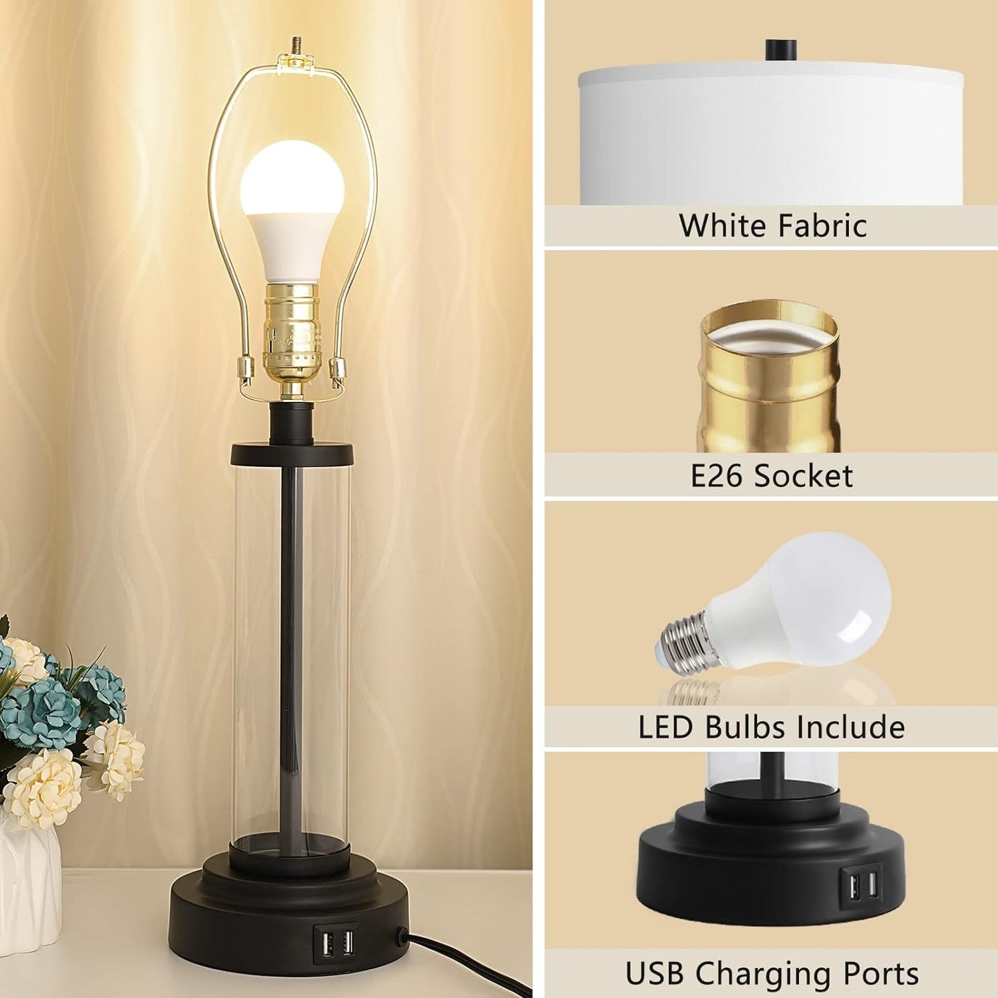 ROTTOGOON Touch Control Table Lamps Set of 2 with USB Ports, 3-Way Dimmable Bedside Lamp for Living Room Bedroom House, Modern Nightstand Lamp with 2 LED Bulbs(Black)