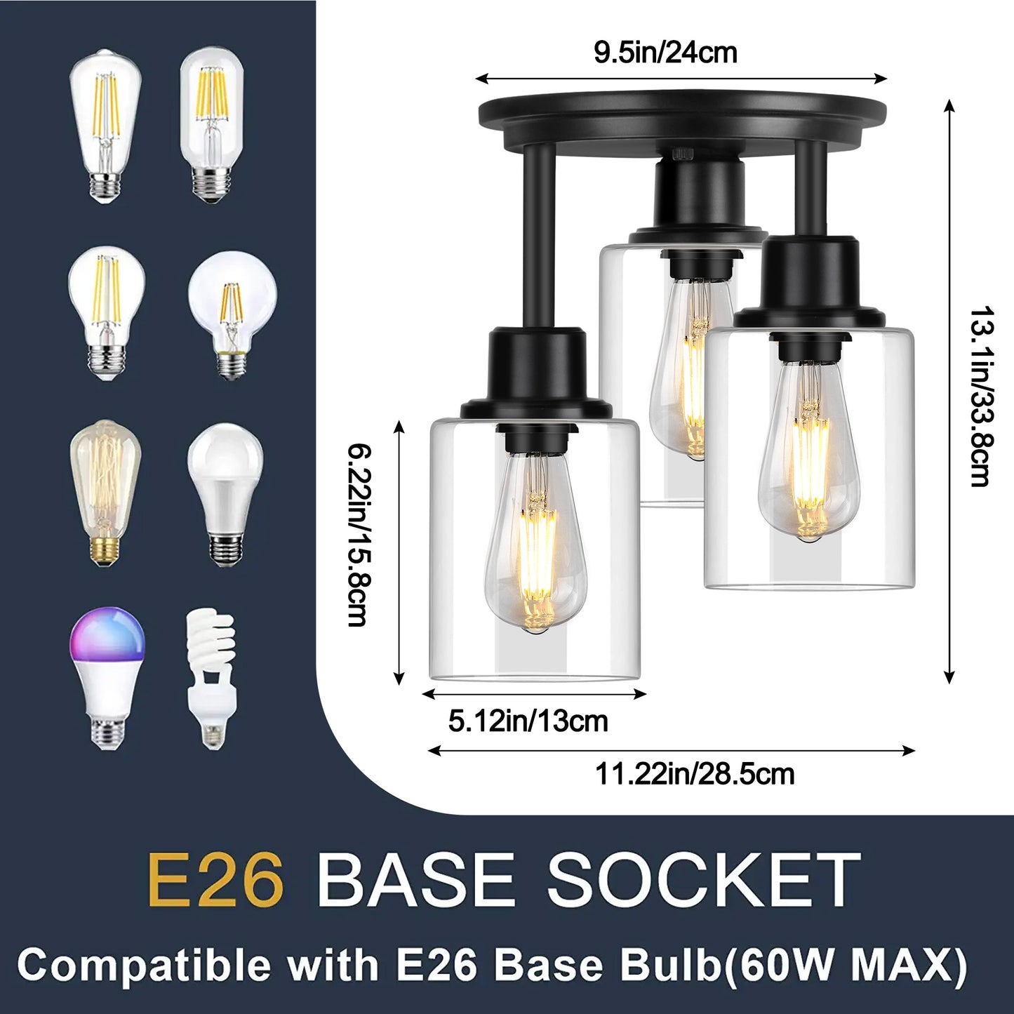 Semi Flush Mount Ceiling Light, 3-Light Close to Ceiling Light Fixtures, Matte Black Kitchen Light Fixtures with Clear Glass Shades, Hallway Light Fixtures Ceiling Mount for Foyer Entryway