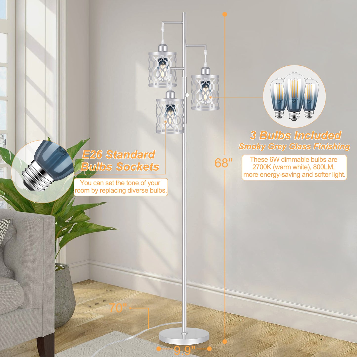 68" Farmhouse floor lamp, Dimmable Industrial Floor Lamps for Living Room, 3 Light Rustic Standing Tall Lamp Including 3 PCS 6W Edison Bulbs, Tree Floor Lamp for Bedrooms Room, Office, Bar, Silver
