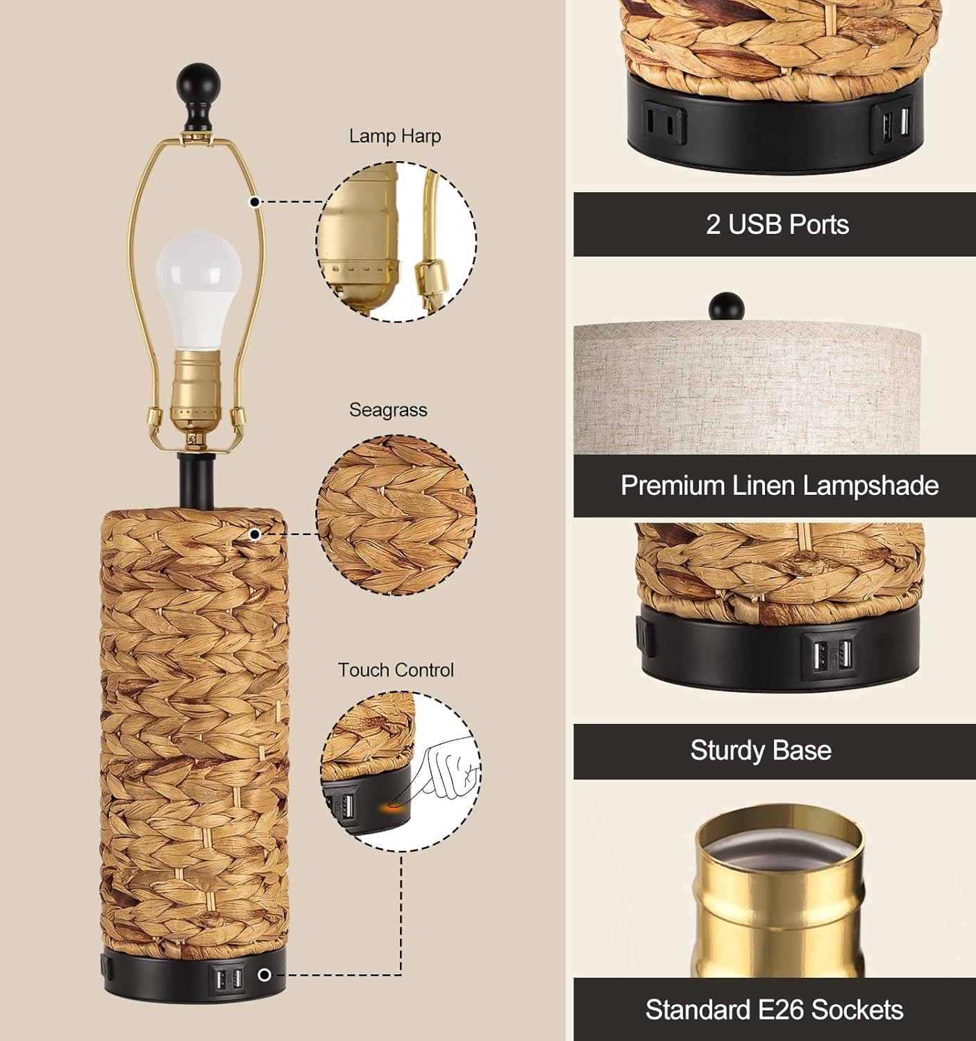 Table Lamps for Night Stands Set of 2 - Bedside Lamps with USB C+A, 3 Way Dimmable for Bedroom Living Room End Tables Office