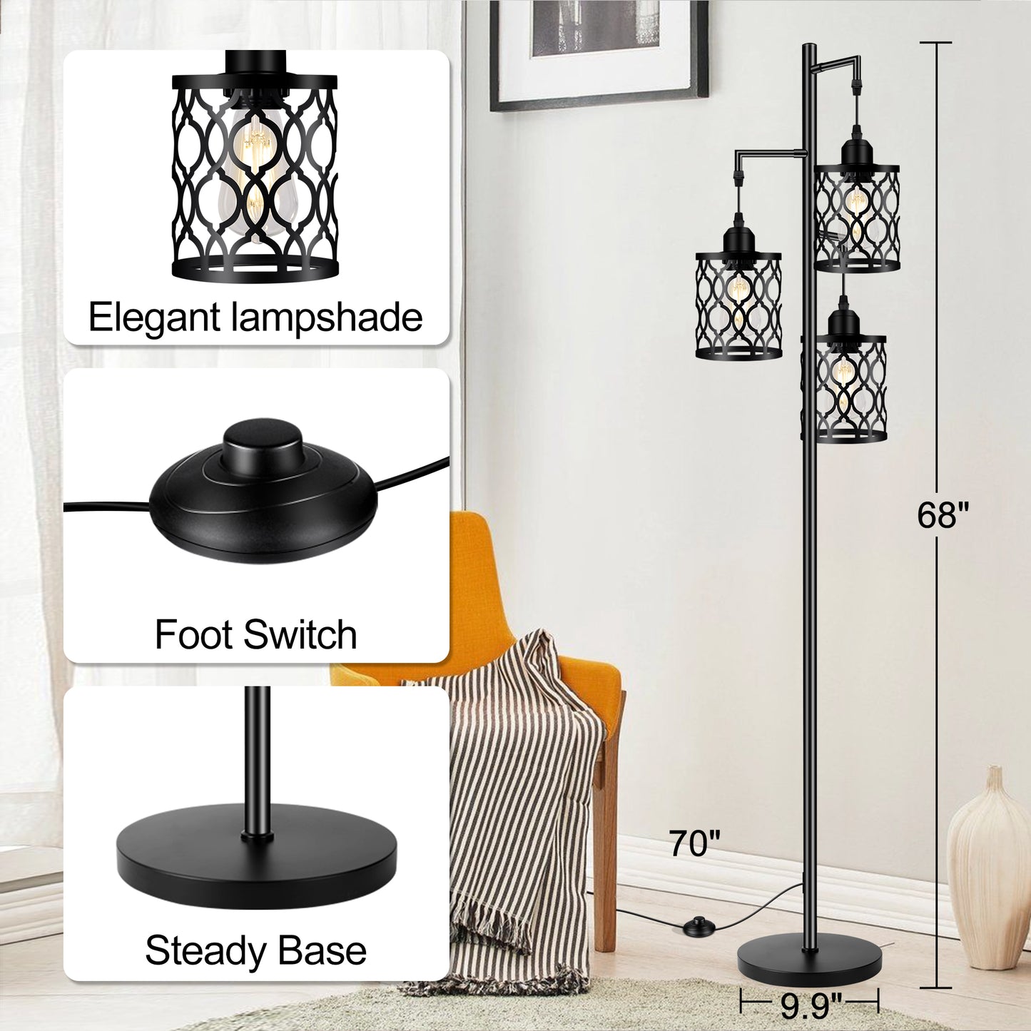 Industrial Floor Lamp, Metal Farmhouse Floor Lamp for Living Room, Rustic Standing Tall Lamp with 3 Elegant Cage Heads, Tree Floor Lamp for Bedrooms, Home Office, Bar, 68", Black, Bulb Not Included