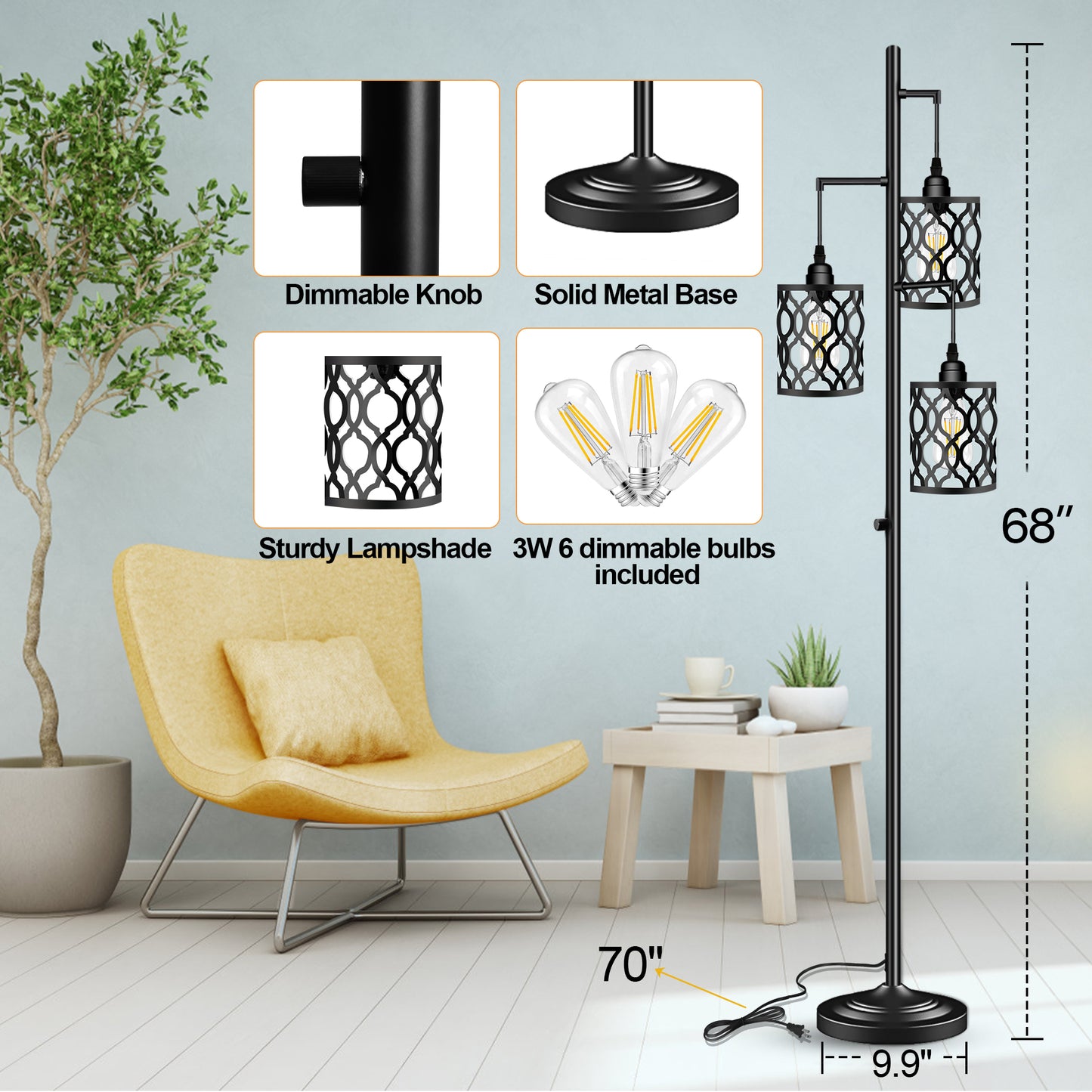 ROTTOGOON Dimmable Tree Floor Lamp Black 68"