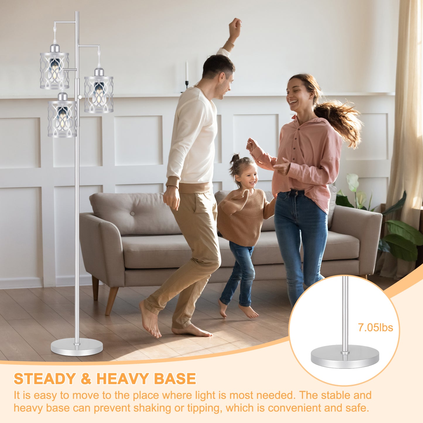 68" Farmhouse floor lamp, Dimmable Industrial Floor Lamps for Living Room, 3 Light Rustic Standing Tall Lamp Including 3 PCS 6W Edison Bulbs, Tree Floor Lamp for Bedrooms Room, Office, Bar, Silver