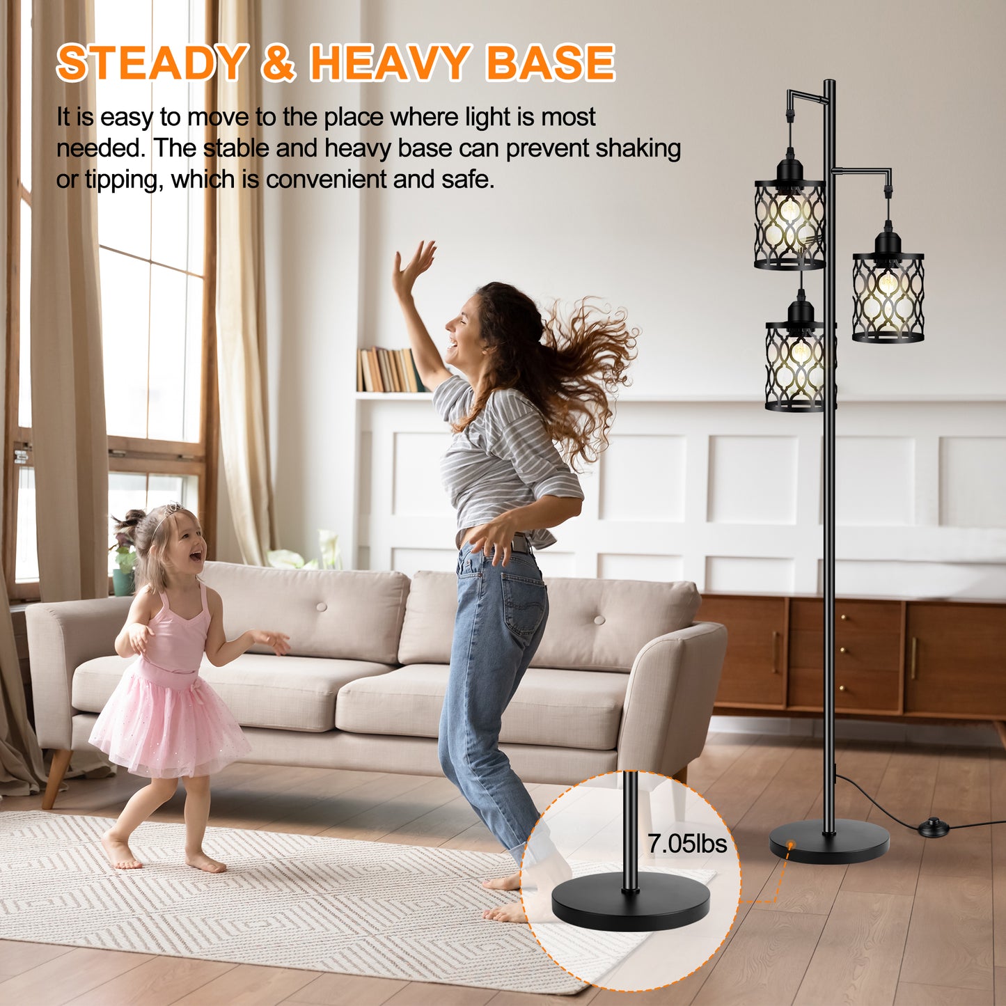 Industrial Floor Lamp, Metal Farmhouse Floor Lamp for Living Room, Rustic Standing Tall Lamp with 3 Elegant Cage Heads, Tree Floor Lamp for Bedrooms, Home Office, Bar, 68", Black, Bulb Not Included