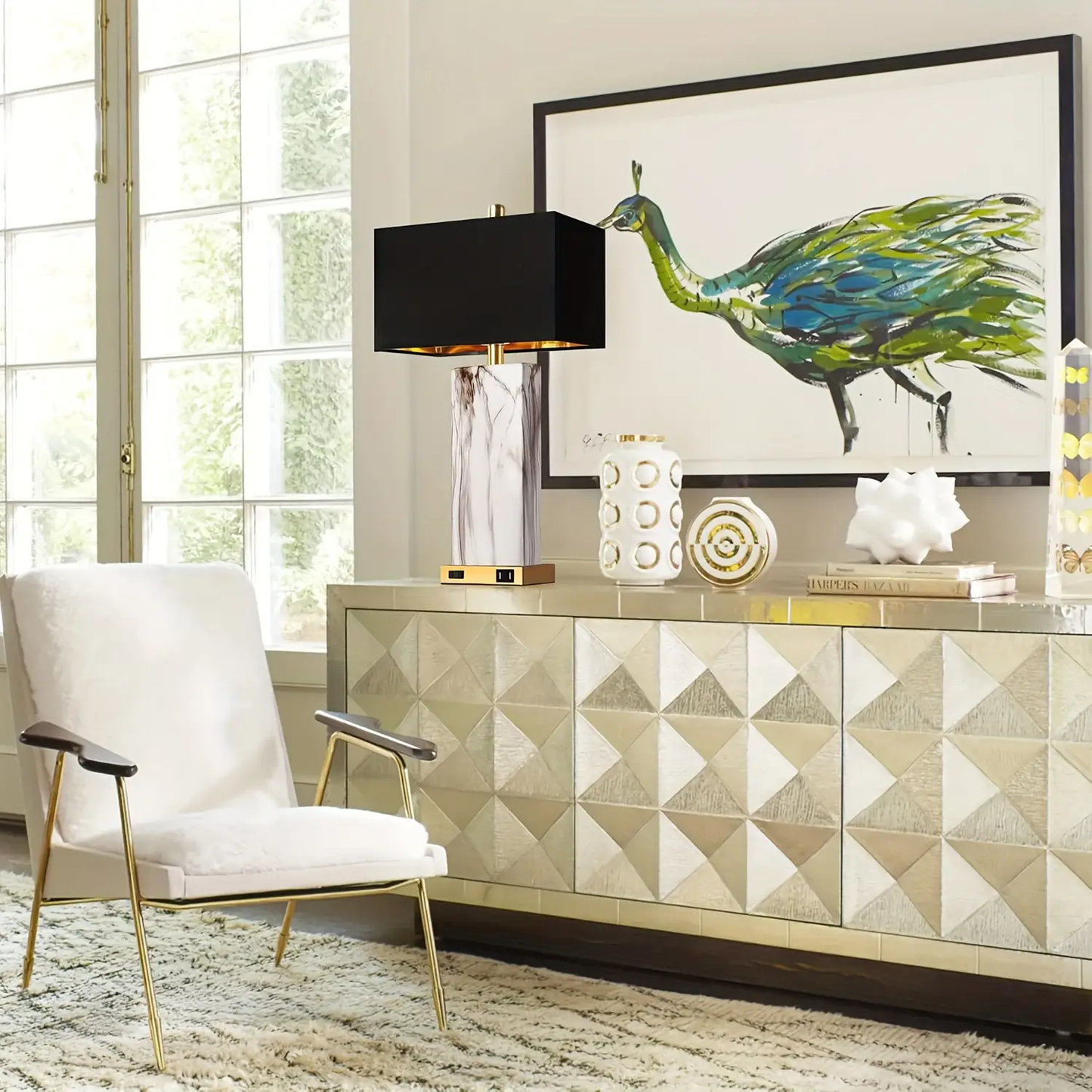 ROTTOGOON Touch Control Table Lamps Set of 2, Modern Ceramic Bedside Lamp with 2 USB Ports 1 AC Outlet for Living Room, Bedroom (LED Bulbs Included)