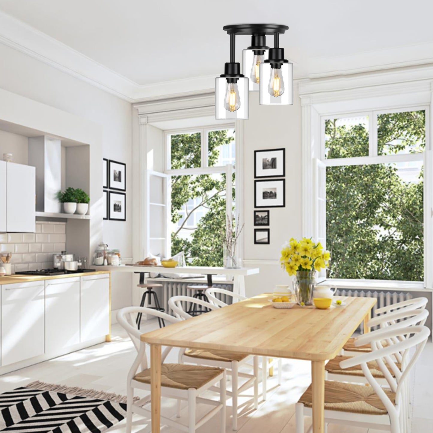 Semi Flush Mount Ceiling Light, 3-Light Close to Ceiling Light Fixtures, Matte Black Kitchen Light Fixtures with Clear Glass Shades, Hallway Light Fixtures Ceiling Mount for Foyer Entryway