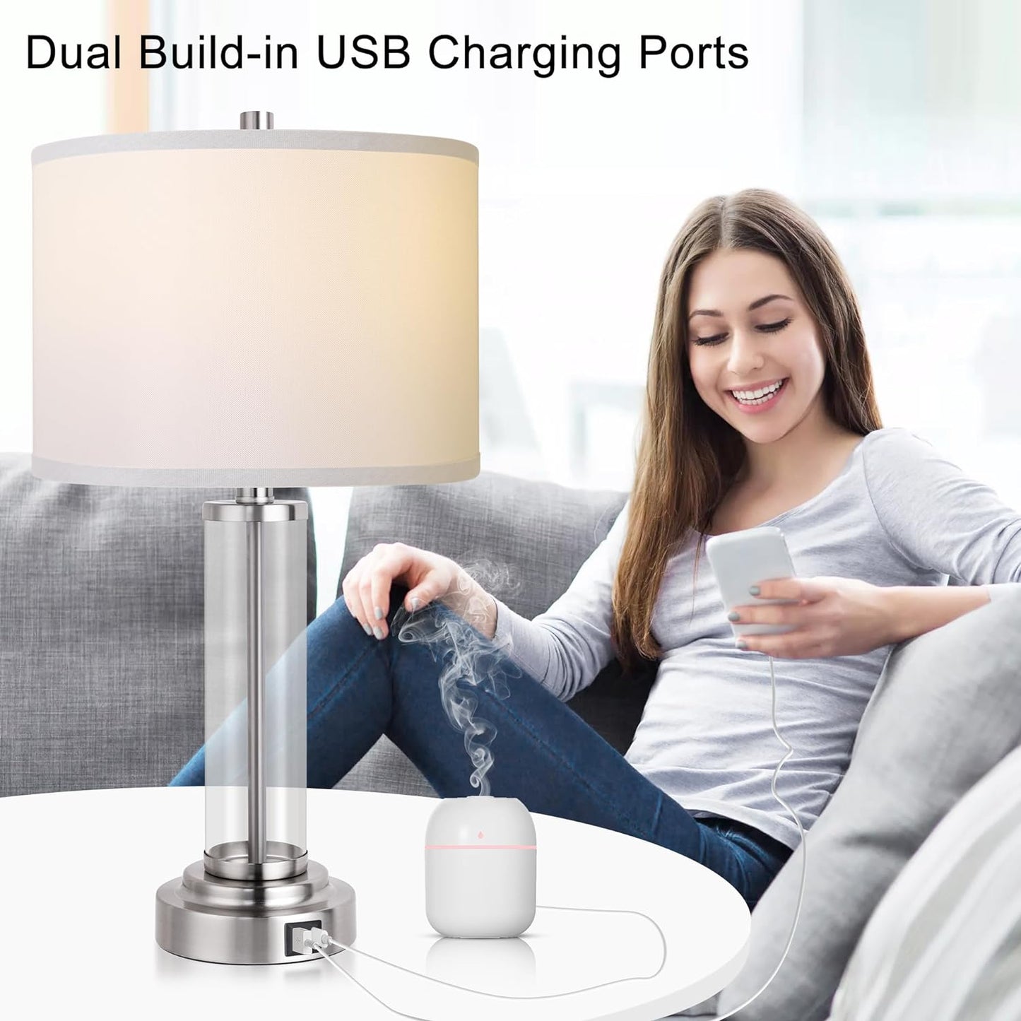ROTTOGOON Table Lamps for Bedrooms Set of 2, Touch Control Table Lamp with USB C+A, 3-Way Dimmable Modern Nightstand Lamp with Fabric Cream Shade for Bedroom Table Living Room Reading Bulbs Included