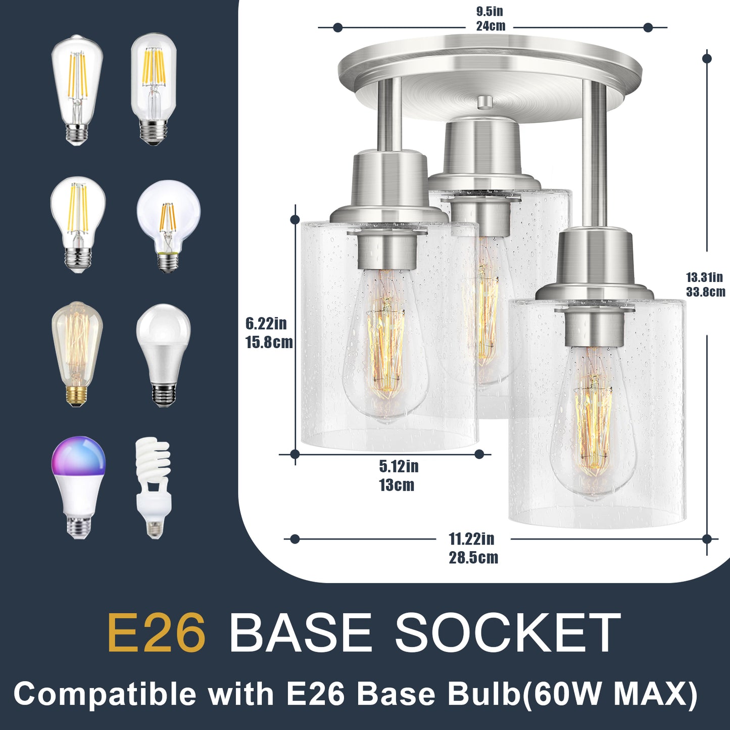 Semi Flush Mount Ceiling Light, 3-Light Close to Ceiling Light Fixtures, Brushed Nickel Finish Kitchen Light Fixture with Clear Seeded Glass Shade Patriot Lighting for Stairs Porch Hallway Entryway