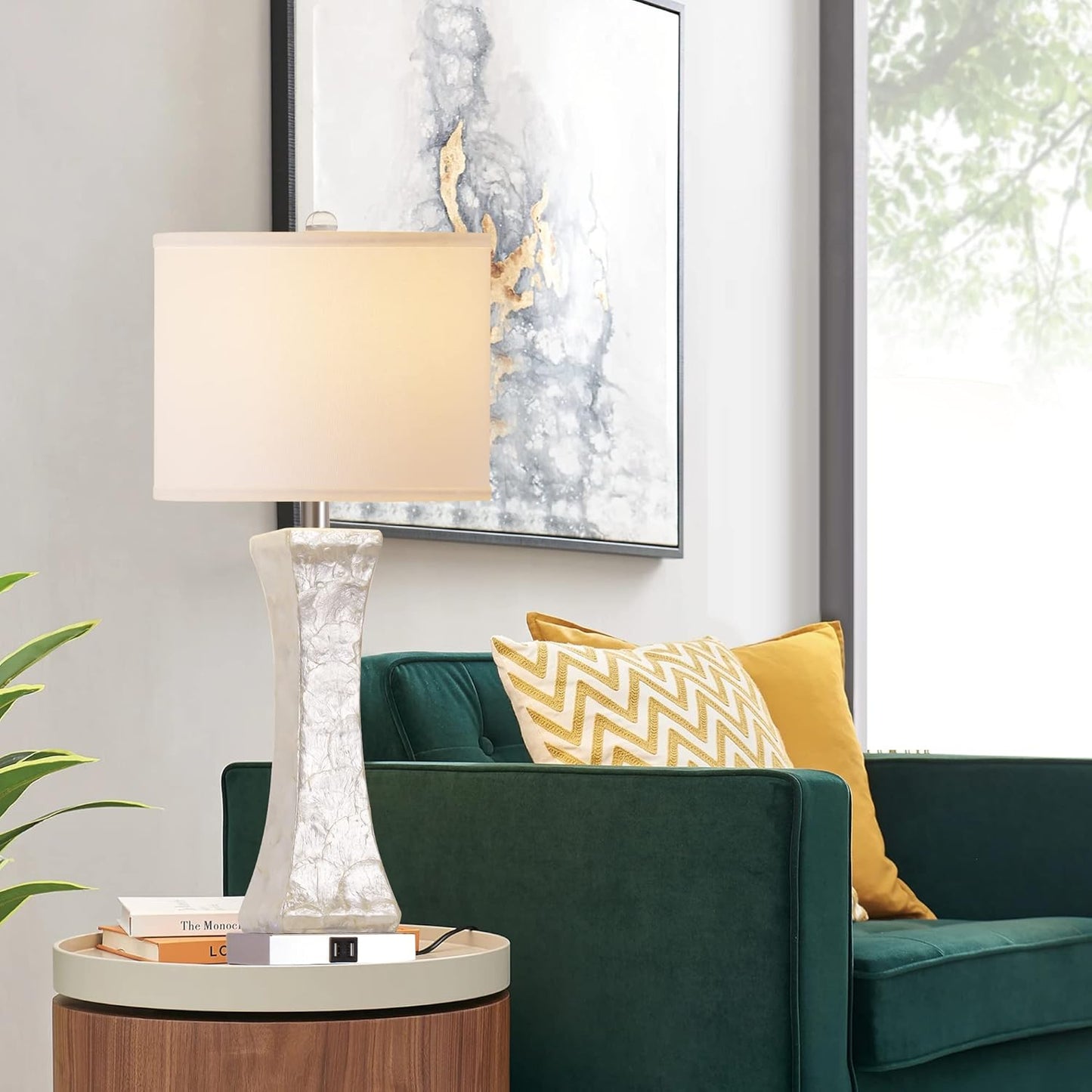 ROTTOGOON Touch Control Table Lamp, Dual USB Ports Bedside Lamp, 3 Way Dimmable Nightstand Lamp with White & Gray Fabric Shades, an AC Outlet, for Living Room, Bedroom, Guest Room(Bulb Included)