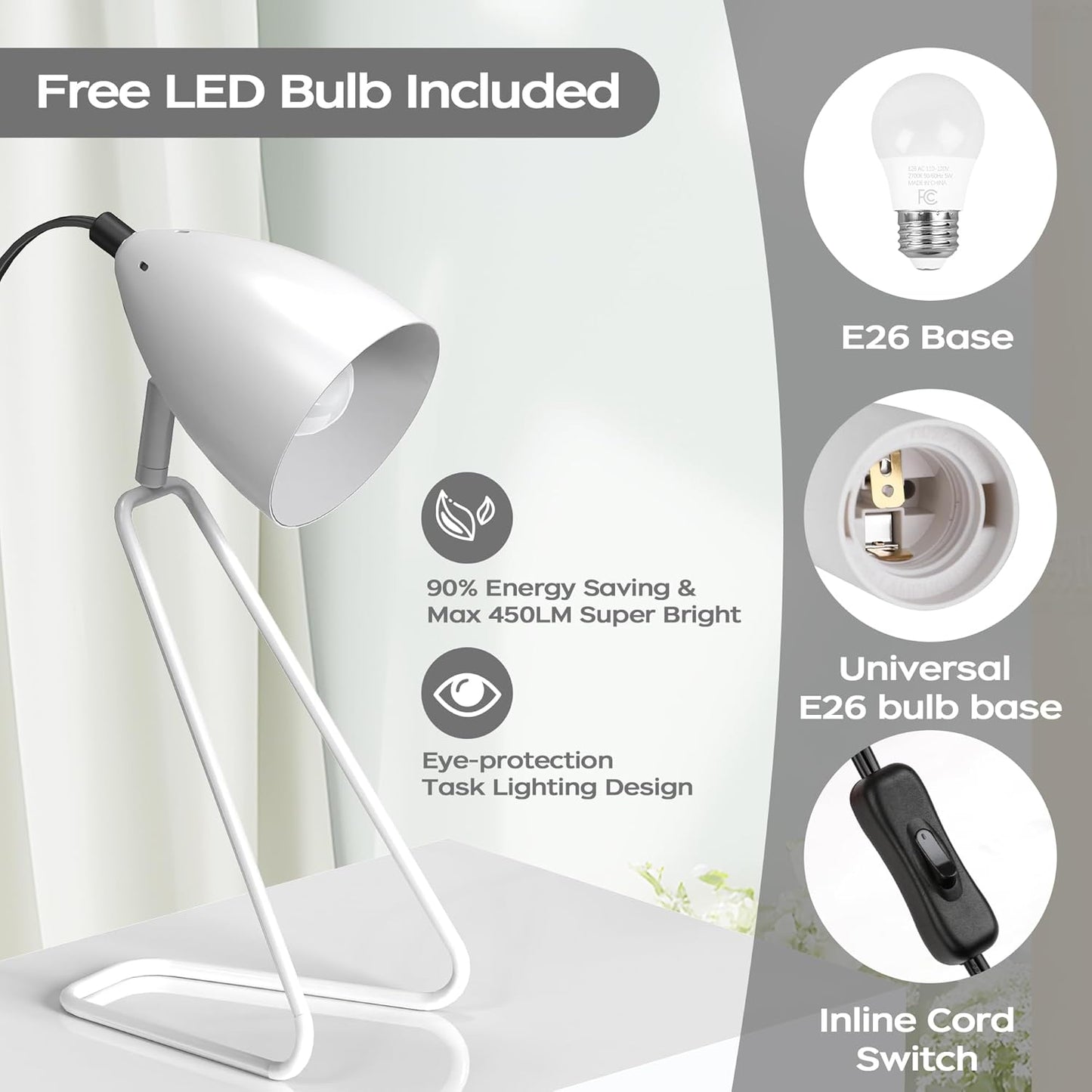 ROTTOGOON Table Lamp Set of 2, 350°Rotatable Small Desk Lamp, Modern Green Reading Bedside Lamps, Suitable for Study, Bedroom, Office, Dorm, Children's Room, 2 Bulbs Included