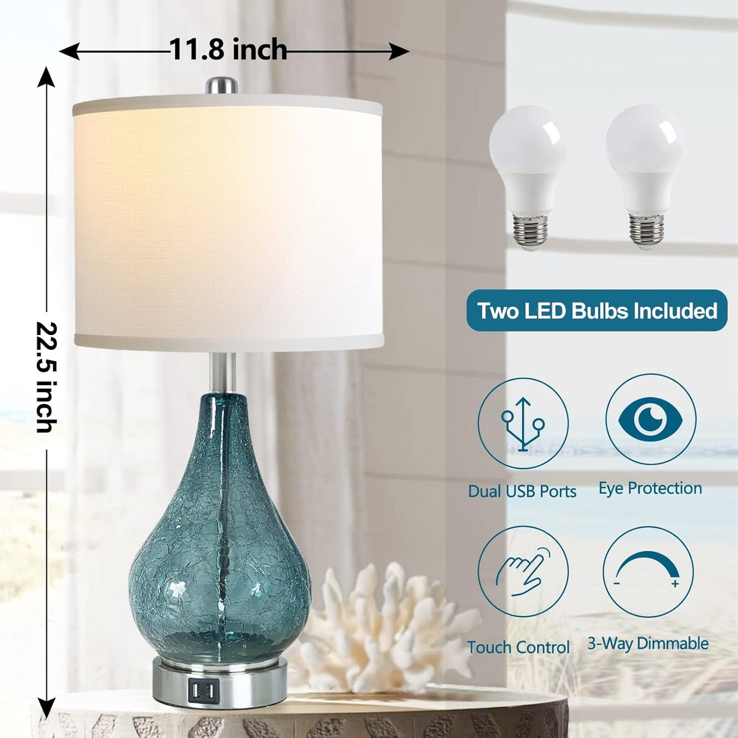ROTTOGOON Glass Table Lamp for Living Room Bedroom Set of 2, 22.5" LED Light with Touch Control, Blue 3 Way Dimmable Modern Bedside Lamps for Home Decor with White Fabric Shade