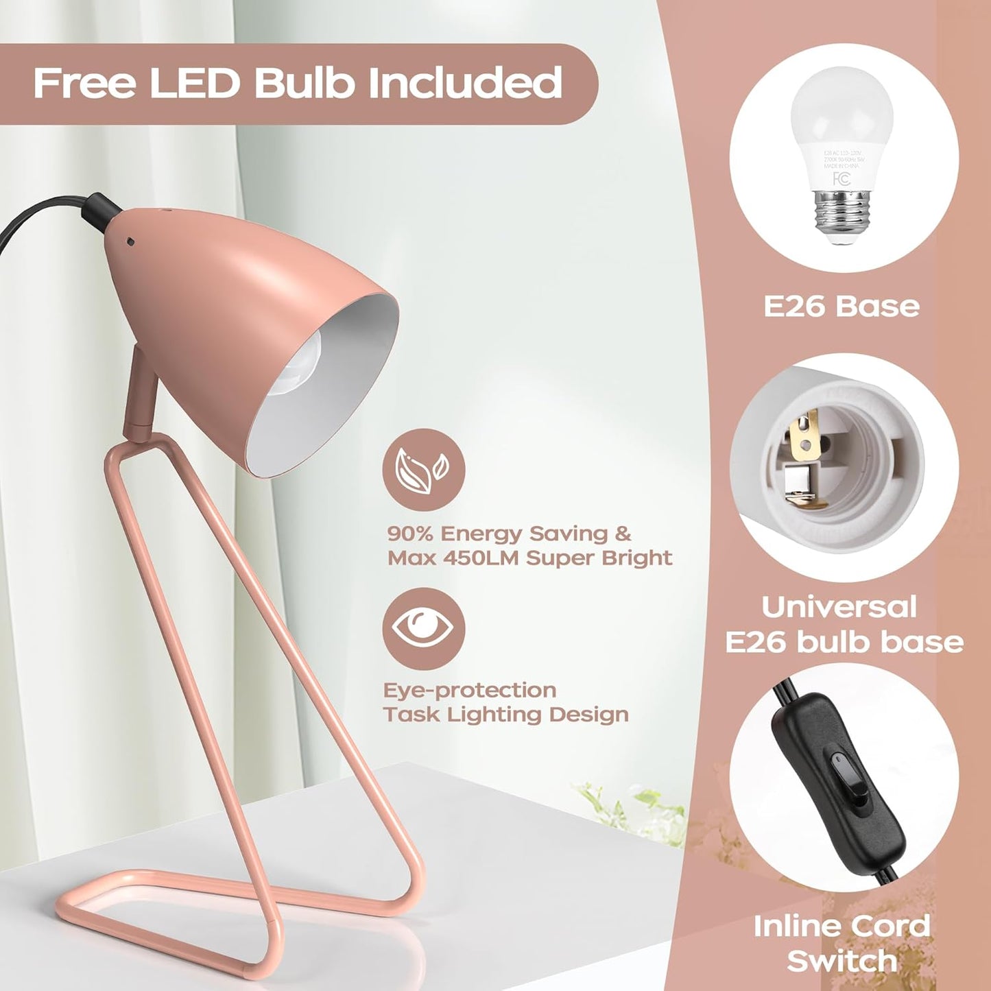 ROTTOGOON Table Lamp Set of 2, 350°Rotatable Small Desk Lamp, Modern Green Reading Bedside Lamps, Suitable for Study, Bedroom, Office, Dorm, Children's Room, 2 Bulbs Included