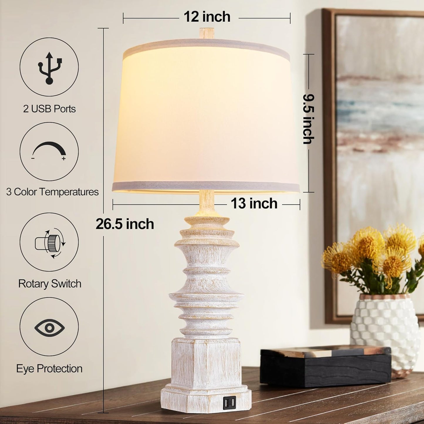 ROTTOGOON 26.5" Farmhouse Table Lamps Set of 2, Rustic Lamp for Living Room with USB C+A Ports & AC Outlet, 3 Way Touch Control Resin Bedside Lamps, Retro Bedroom Lamp for Nightstand Side End Table Desk, White