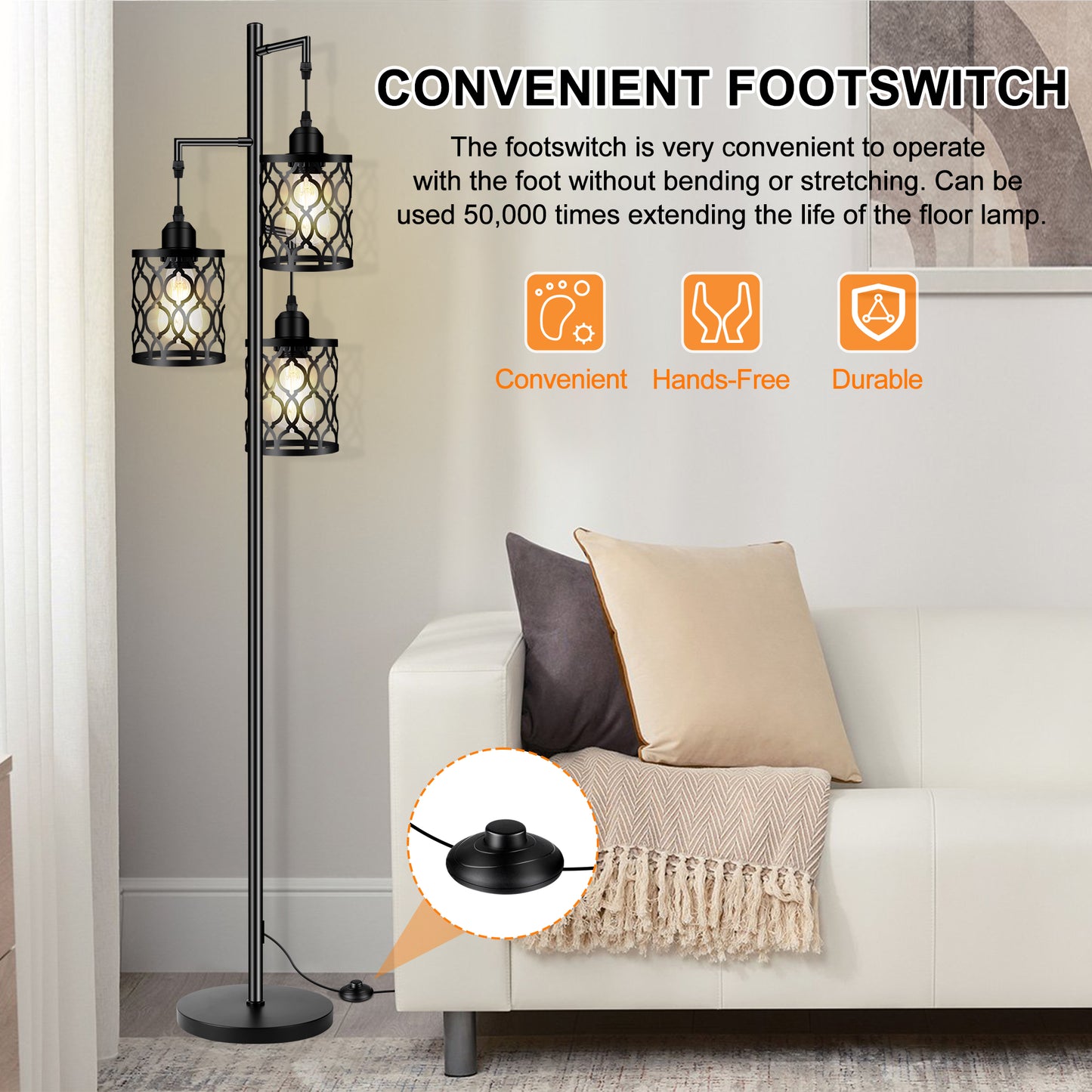 Industrial Floor Lamp, Metal Farmhouse Floor Lamp for Living Room, Rustic Standing Tall Lamp with 3 Elegant Cage Heads, Tree Floor Lamp for Bedrooms, Home Office, Bar, 68", Black, Bulb Not Included