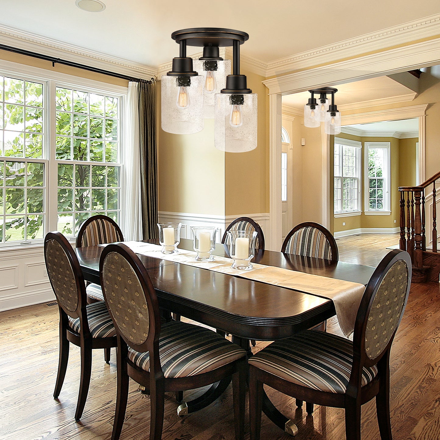 Semi Flush Mount Ceiling Light, 3-Light Close to Ceiling Light Fixtures, Vintage Oil-Rubbed Bronze Finish with Clear Seeded Glass Shade Chandelier Lighting for Stairs Porch Hallway Entryway Kitchen