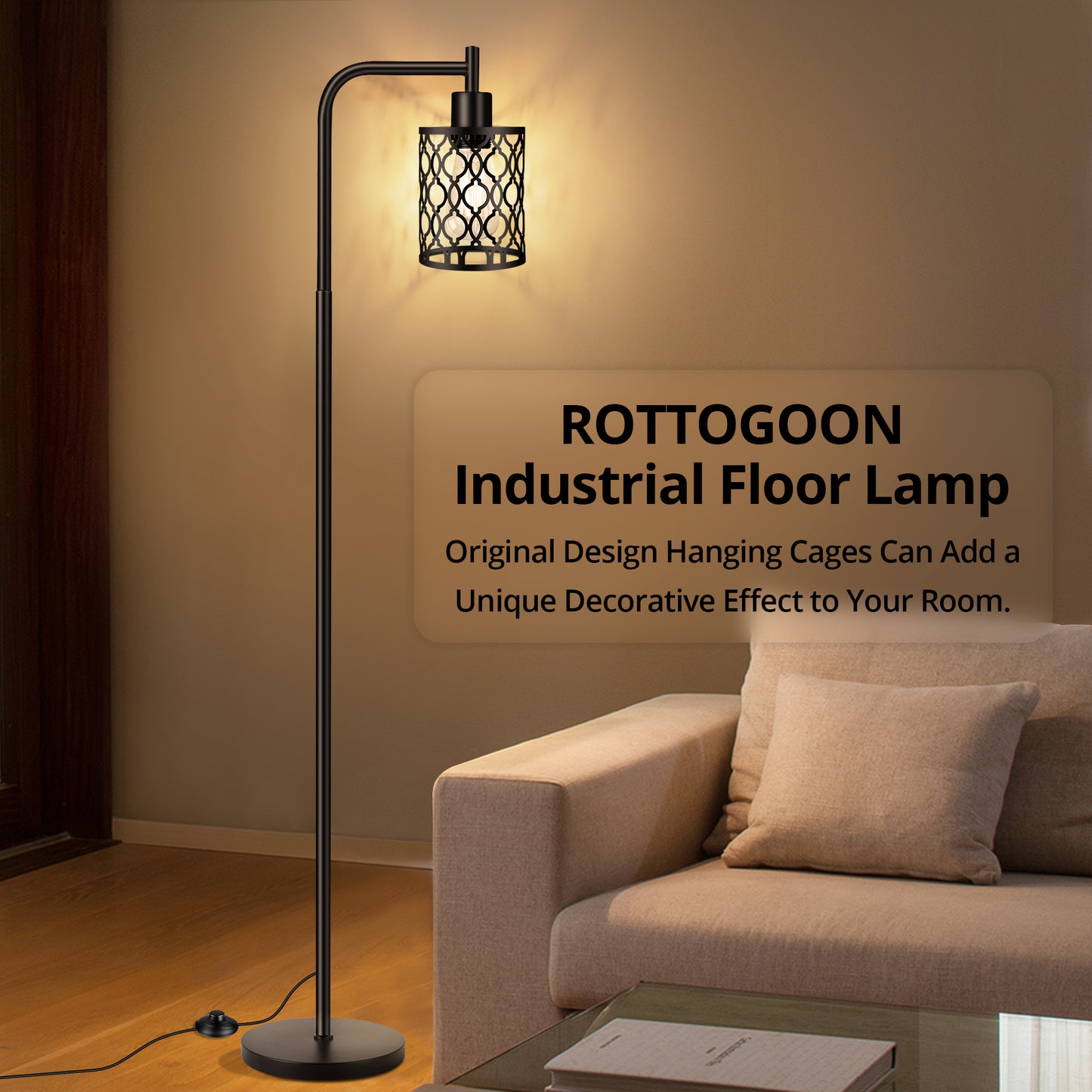 Industrial Floor Lamp with Metal Shade, Black Farmhouse Floor Lamp Including 6W 2700K Edison Bulb, Standing Lamp for Living Room, Tall Pole Lamp for Bedroom, Office, Black, 67", No Dimmer