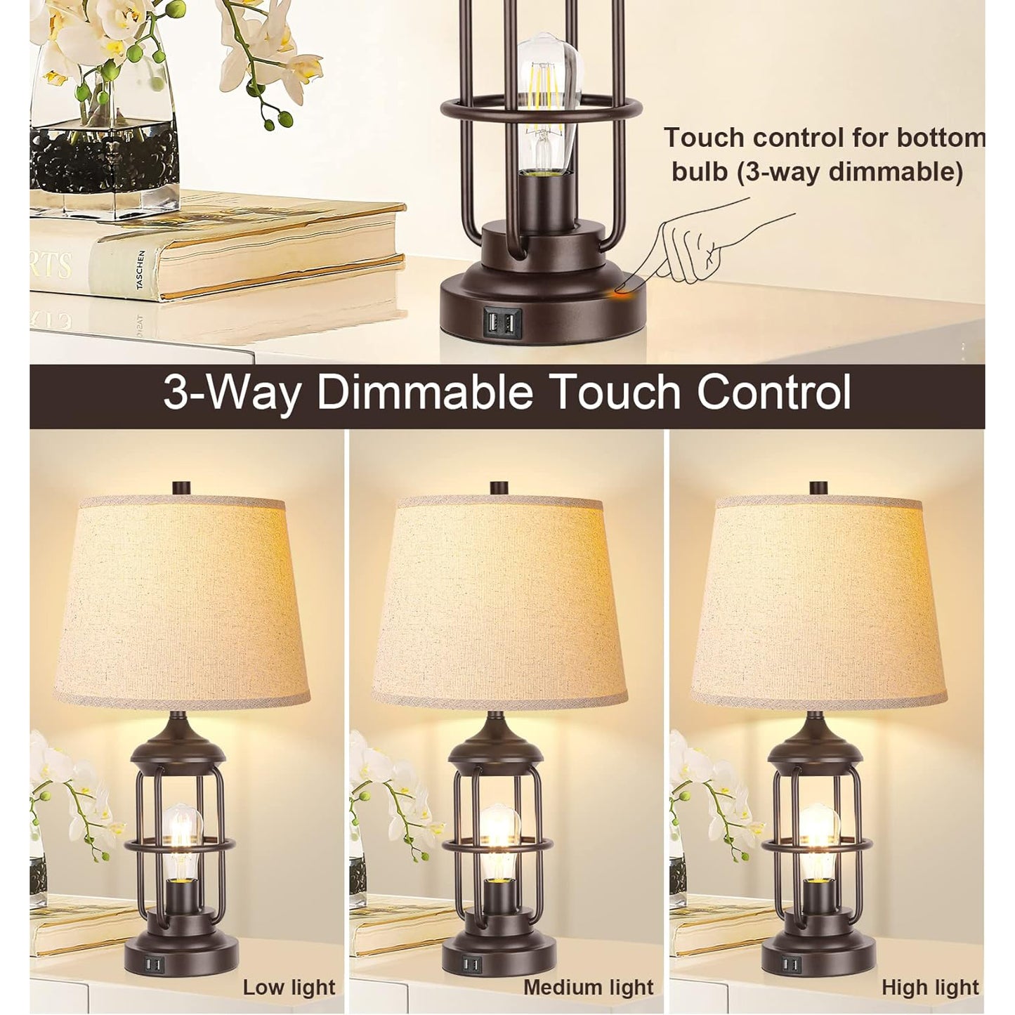 ROTTOGOON Table Lamp Set of 2 with USB Ports, Touch Control 3-Way Dimmable Bedside Lamp with 2 LED Night Light, Farmhouse Rustic Nightstand Lamp for Living Room Bedroom Decor (2700K Bulbs Included)