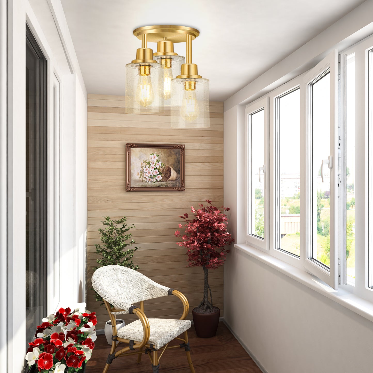 Semi Flush Mount Ceiling Light, 3-Light Close to Ceiling Light Fixtures, Brass Gold Finish Kitchen Light Fixtures with Clear Seeded Glass Shade Patriot Lighting for Entryway Porch Hallway Foyer