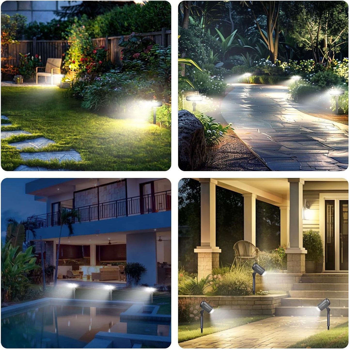 ROTTOGOON 2 Pack LED Solar Motion Sensor Landscape Spotlights, Modern Style, Adjustable Brightness, Wall/Floor Mount, Warm White, Decoy Camera