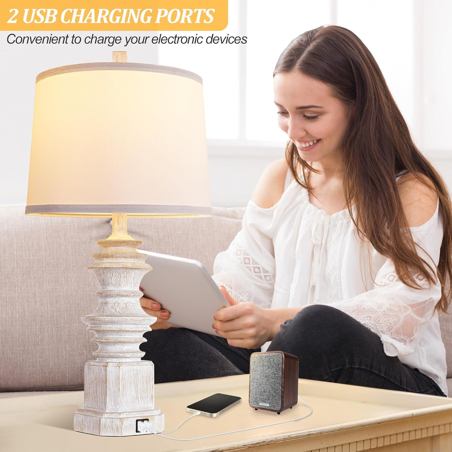ROTTOGOON 26.5" Farmhouse Table Lamps Set of 2, Rustic Lamp for Living Room with USB C+A Ports & AC Outlet, 3 Way Touch Control Resin Bedside Lamps, Retro Bedroom Lamp for Nightstand Side End Table Desk, White