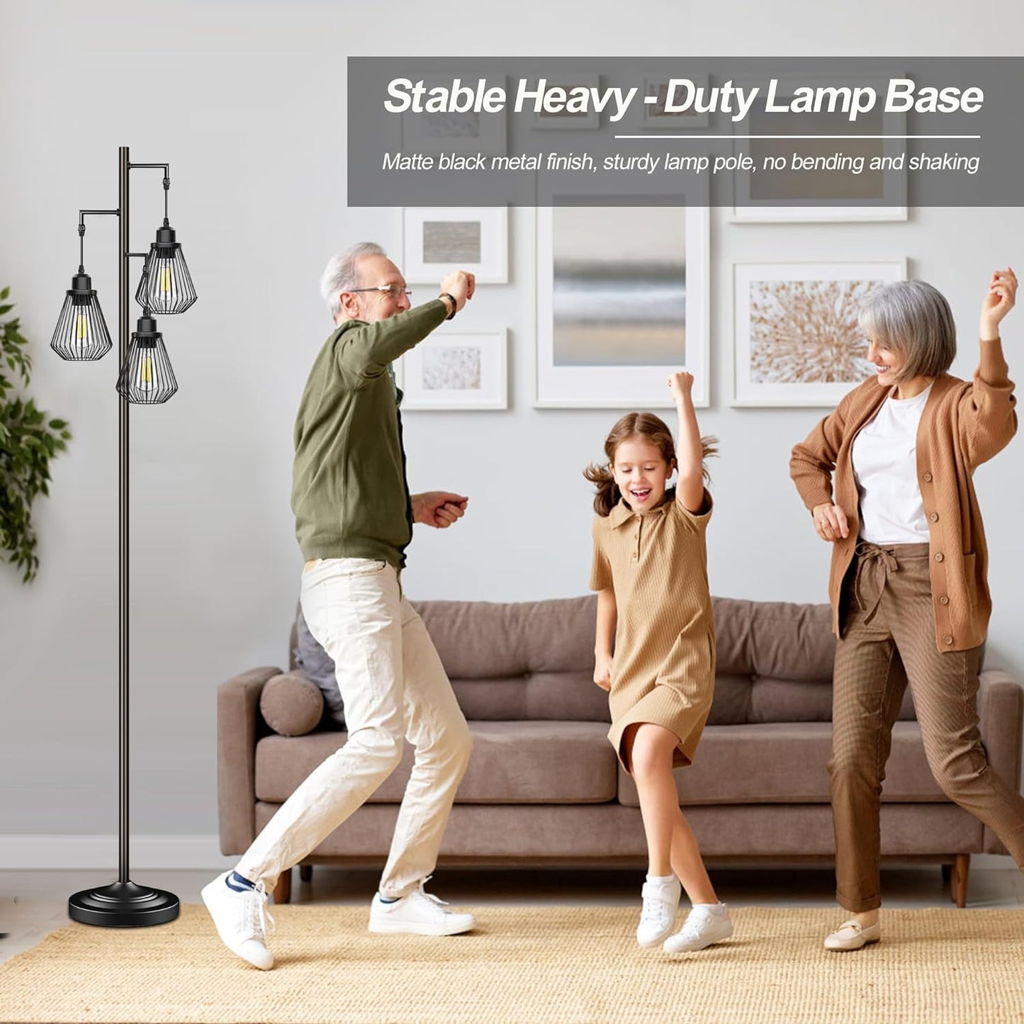 ROTTOGOON Industrial Floor Lamps for Living Room, Farmhouse Standing Lamp with 3 Hanging Teardrop Cage Shades, 68" Modern Rustic Tree Tall Lamps with Pedal Switch for Bedroom Office Home Light Decor, Black