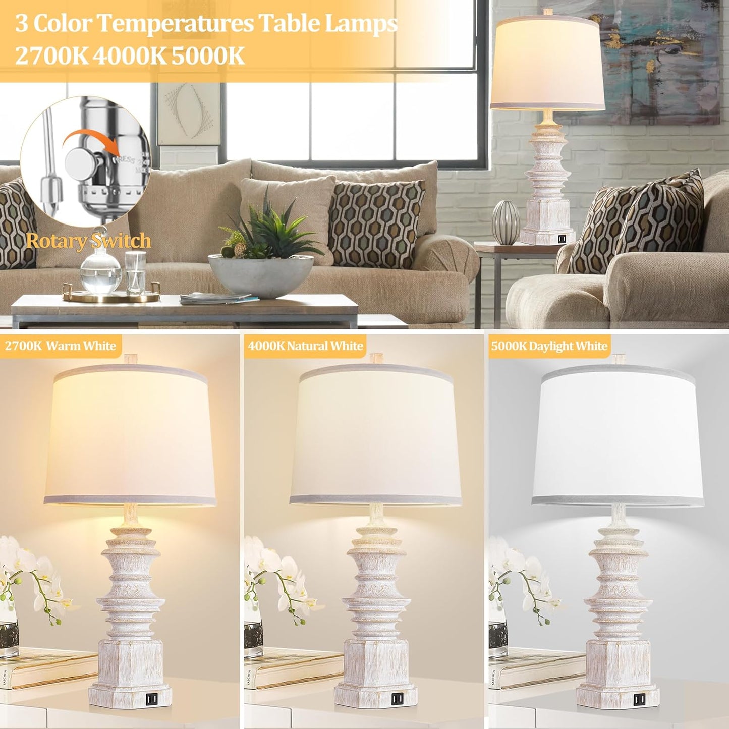 ROTTOGOON 26.5" Farmhouse Table Lamps Set of 2, Rustic Lamp for Living Room with USB C+A Ports & AC Outlet, 3 Way Touch Control Resin Bedside Lamps, Retro Bedroom Lamp for Nightstand Side End Table Desk, White