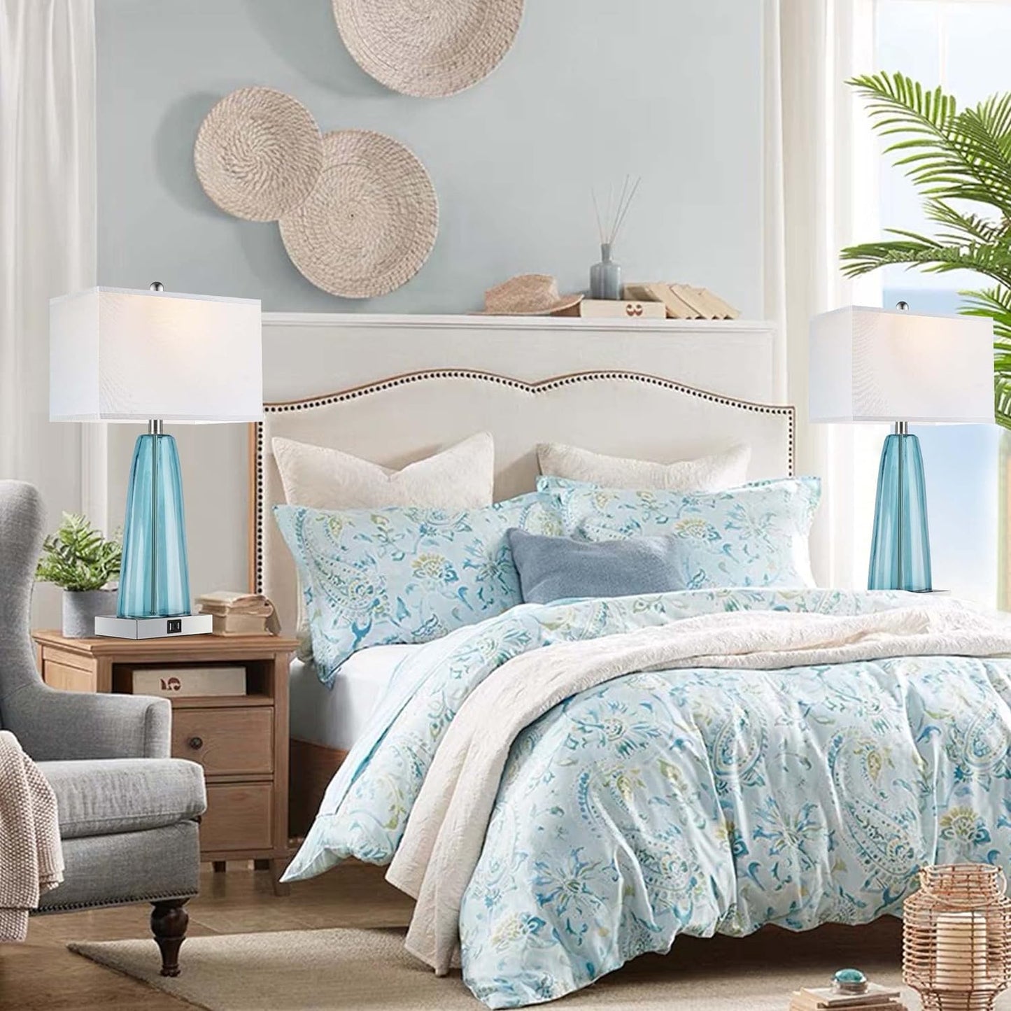 ROTTOGOON Table Lamp Set of 2 Touch Control, Contemporary Blue Green Glass Bedside Lamp with 2 USB Ports, 3-Way Dimmable Nightstand Lamps with White Fabric Shade for Living Room, Bedroom (LED Bulbs Included)