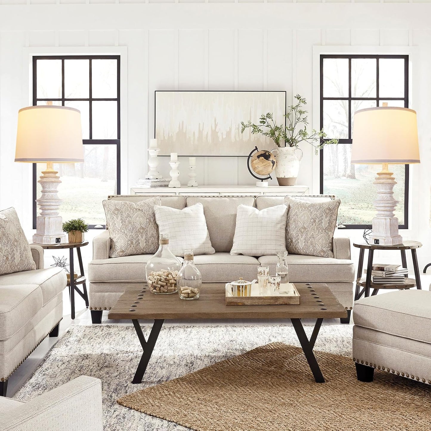 ROTTOGOON 26.5" Farmhouse Table Lamps Set of 2, Rustic Lamp for Living Room with USB C+A Ports & AC Outlet, 3 Way Touch Control Resin Bedside Lamps, Retro Bedroom Lamp for Nightstand Side End Table Desk, White