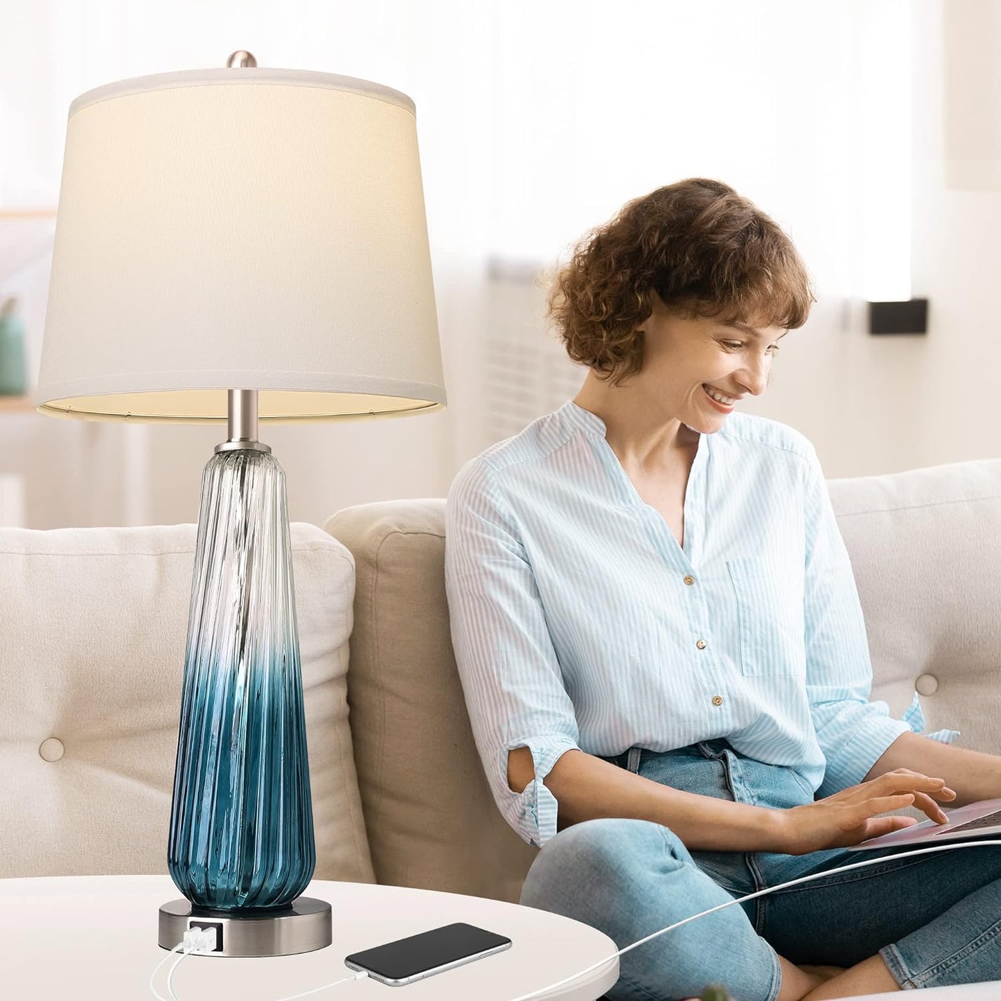 ROTTOGOON Table Lamps Set of 2 with Touch Control, Modern Glass Bedside Lamps with USB A+C Ports, 3-Way Dimmable Nightstand Lamp with White Fabric Shade, 27.5" Large Lamps for Living Room Bedrooms Decorations