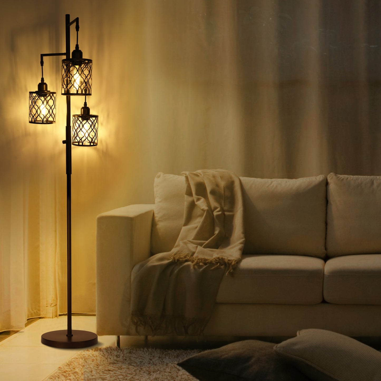 68" Farmhouse floor lamp, Dimmable Industrial Floor Lamps for Living Room, 3 Light Rustic Standing Tall Lamp Including 3 PCS 6W E26 Bulbs, Tree Floor Lamp for Bedrooms Room, Office, Bar, Brown