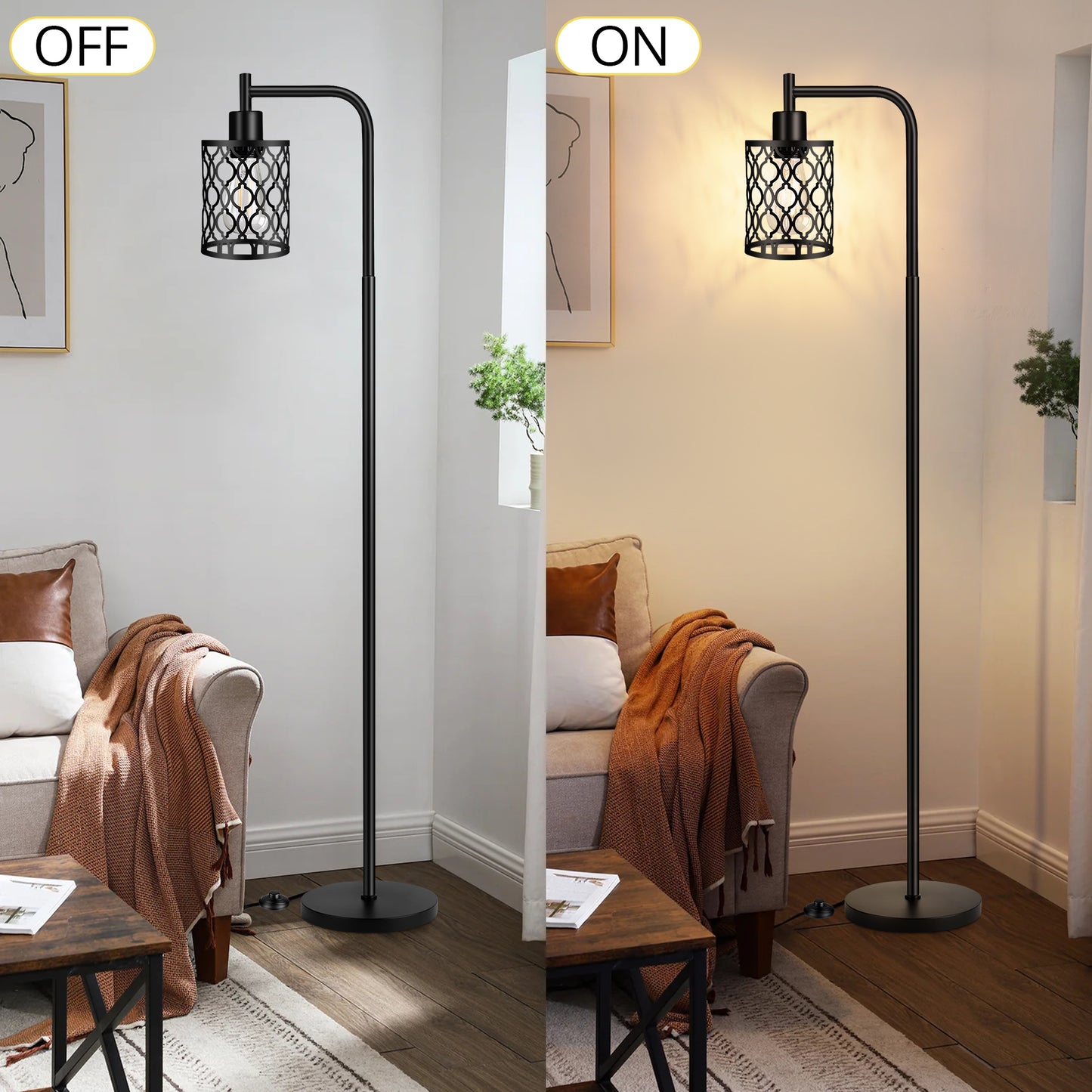 Industrial Floor Lamp with Metal Shade, Black Farmhouse Floor Lamp Including 6W 2700K Edison Bulb, Standing Lamp for Living Room, Tall Pole Lamp for Bedroom, Office, Black, 67", No Dimmer