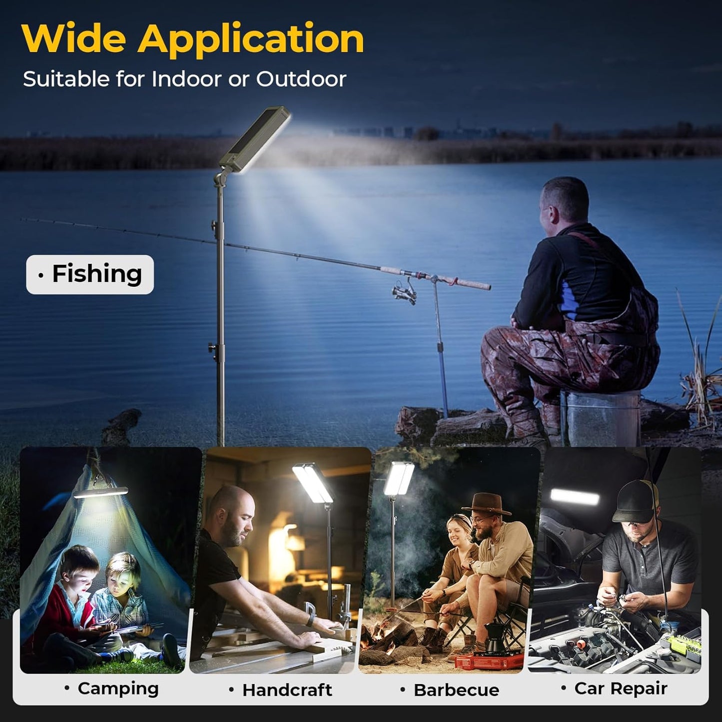 ROTTOGOON 1 Pack Outdoor Solar Camping Lights, LED Work Light with 2 Lighting Heads, IP65 Waterproof Cordless Solar Powered & USB-C Stand Floor Light with Iron Telescoping Tripod