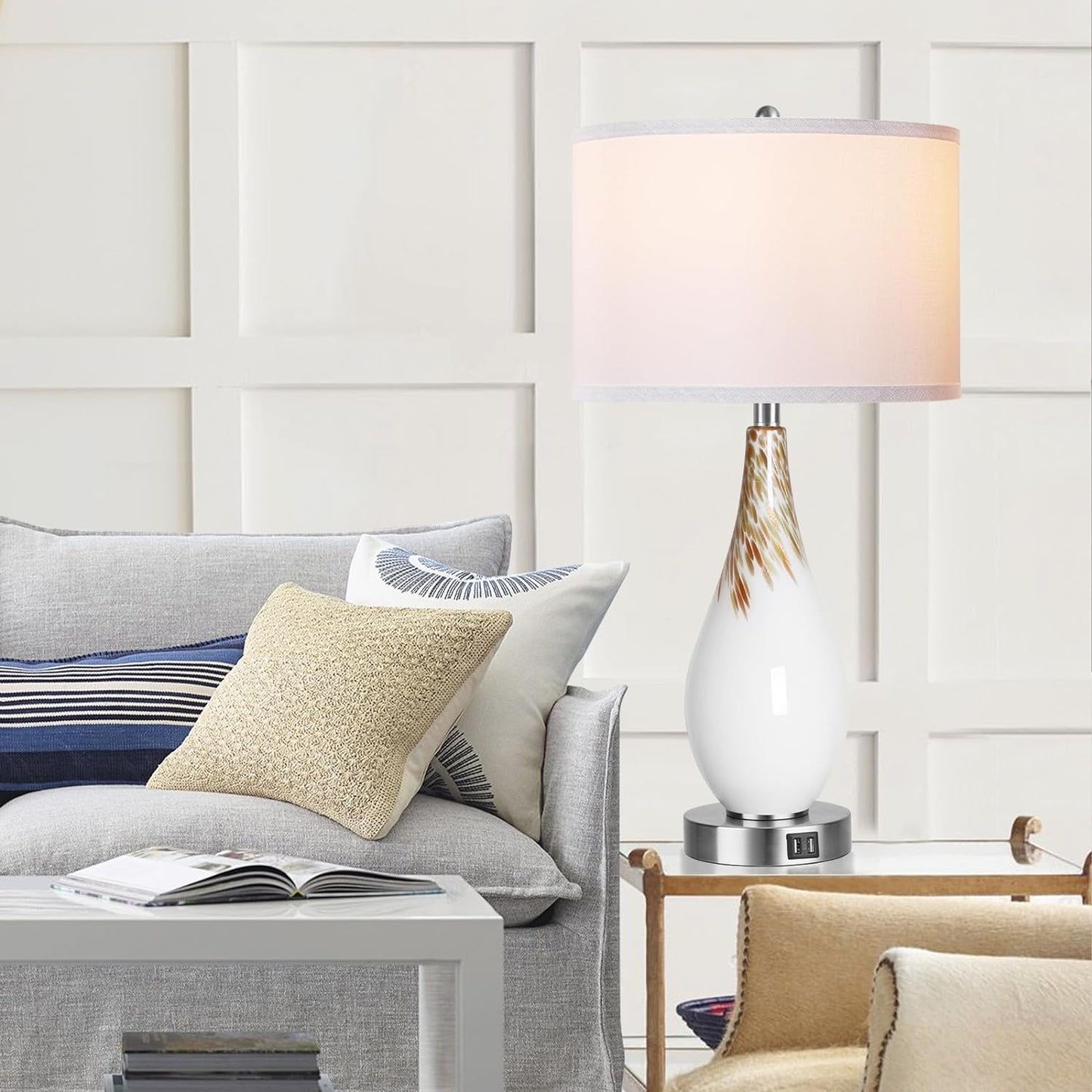 ROTTOGOON Touch Control Table Lamps Set of 2, 27.5" Tall Modern Art Glass Bedside Lamp with USB Ports, 3-Way Dimmable Hand Crafted Nightstand Lamps White Drum Shade for Living Room Bedroom Home