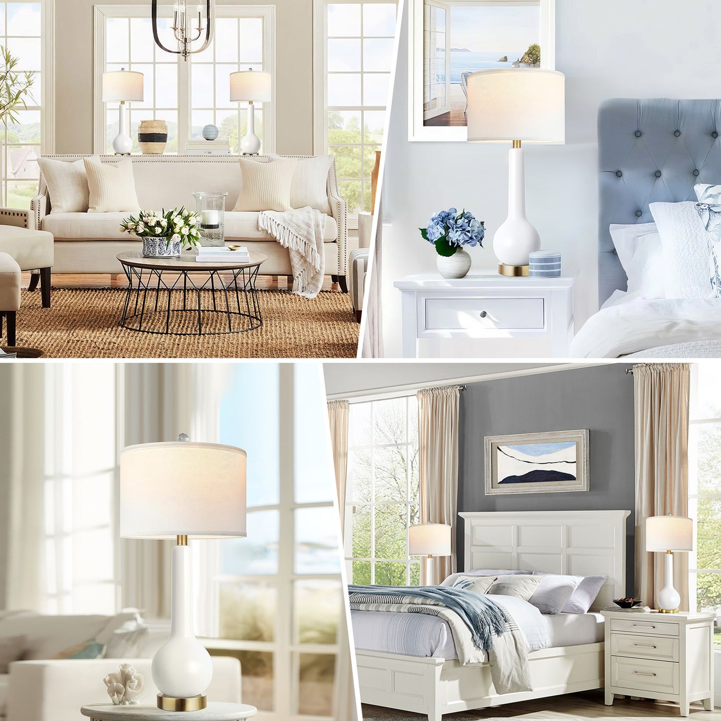 27.5” White Ceramic Modern Table Lamp with Dual USB Port - for Living Room,Dining Room,Bedroom,Office,Nightstand, 2 Pack