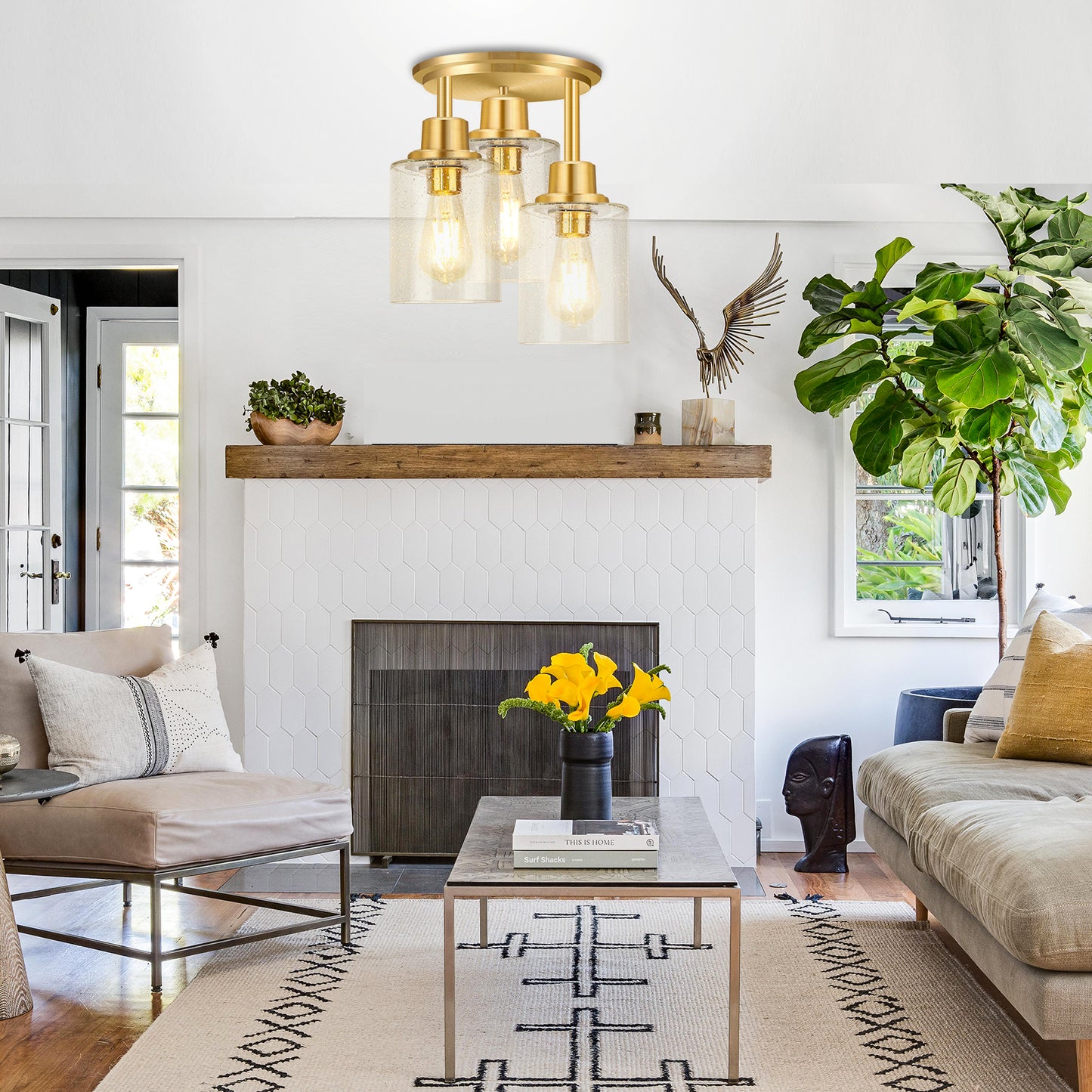 Semi Flush Mount Ceiling Light, 3-Light Close to Ceiling Light Fixtures, Brass Gold Finish Kitchen Light Fixtures with Clear Seeded Glass Shade Patriot Lighting for Entryway Porch Hallway Foyer