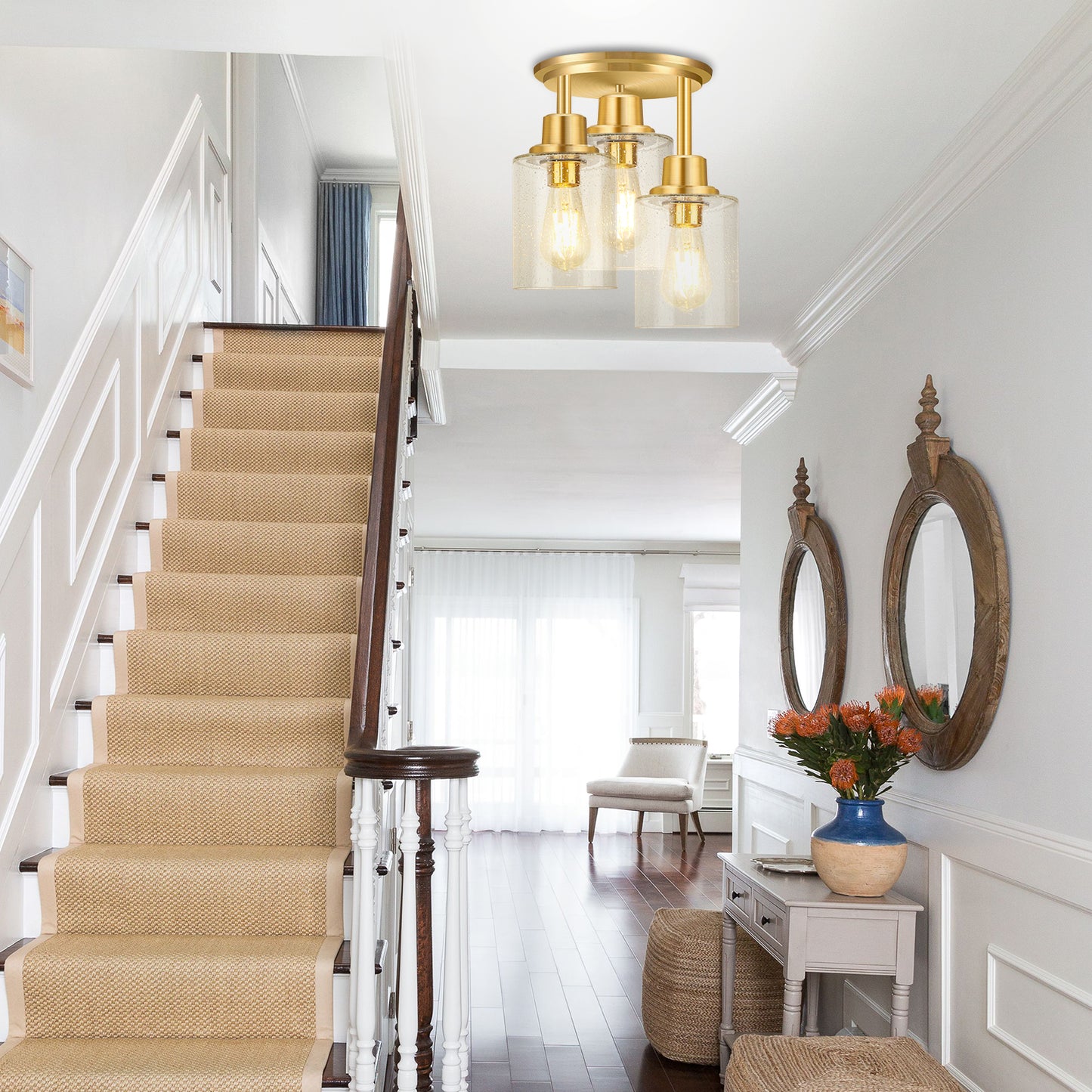 Semi Flush Mount Ceiling Light, 3-Light Close to Ceiling Light Fixtures, Brass Gold Finish Kitchen Light Fixtures with Clear Seeded Glass Shade Patriot Lighting for Entryway Porch Hallway Foyer