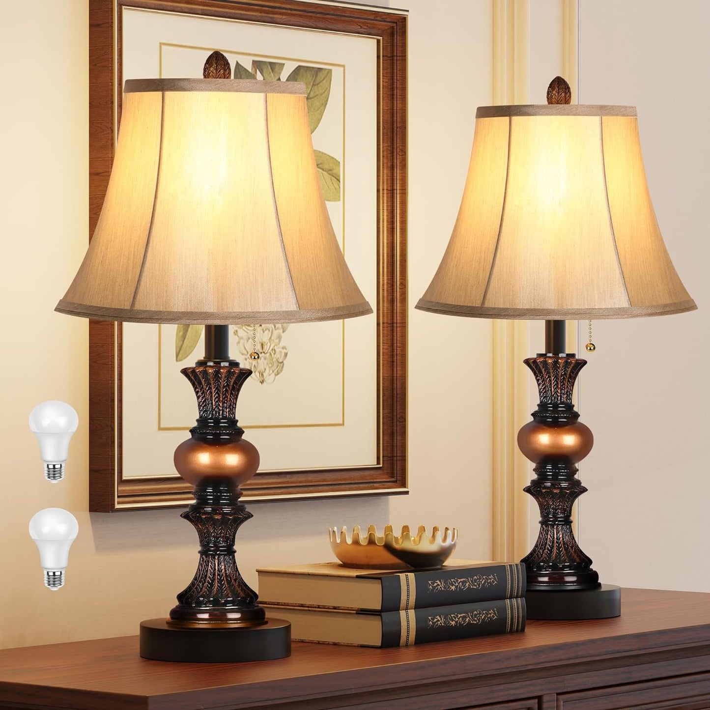 22“ Traditional Table Lamp Set of 2, Vintage Bedside Lamps with Dual USB Charging Ports, 3-Way Dimmable Desk Lamps with Bell Shape Faux Silk Shade for Living Room, Bedroom