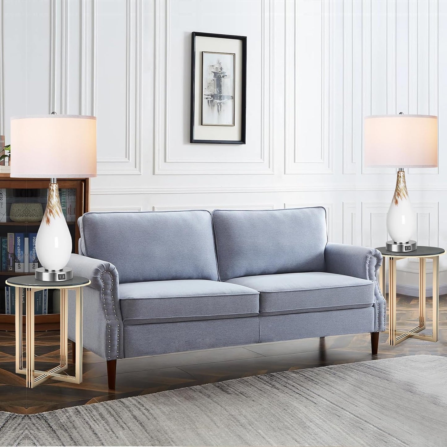 ROTTOGOON Touch Control Table Lamps Set of 2, 27.5" Tall Modern Art Glass Bedside Lamp with USB Ports, 3-Way Dimmable Hand Crafted Nightstand Lamps White Drum Shade for Living Room Bedroom Home