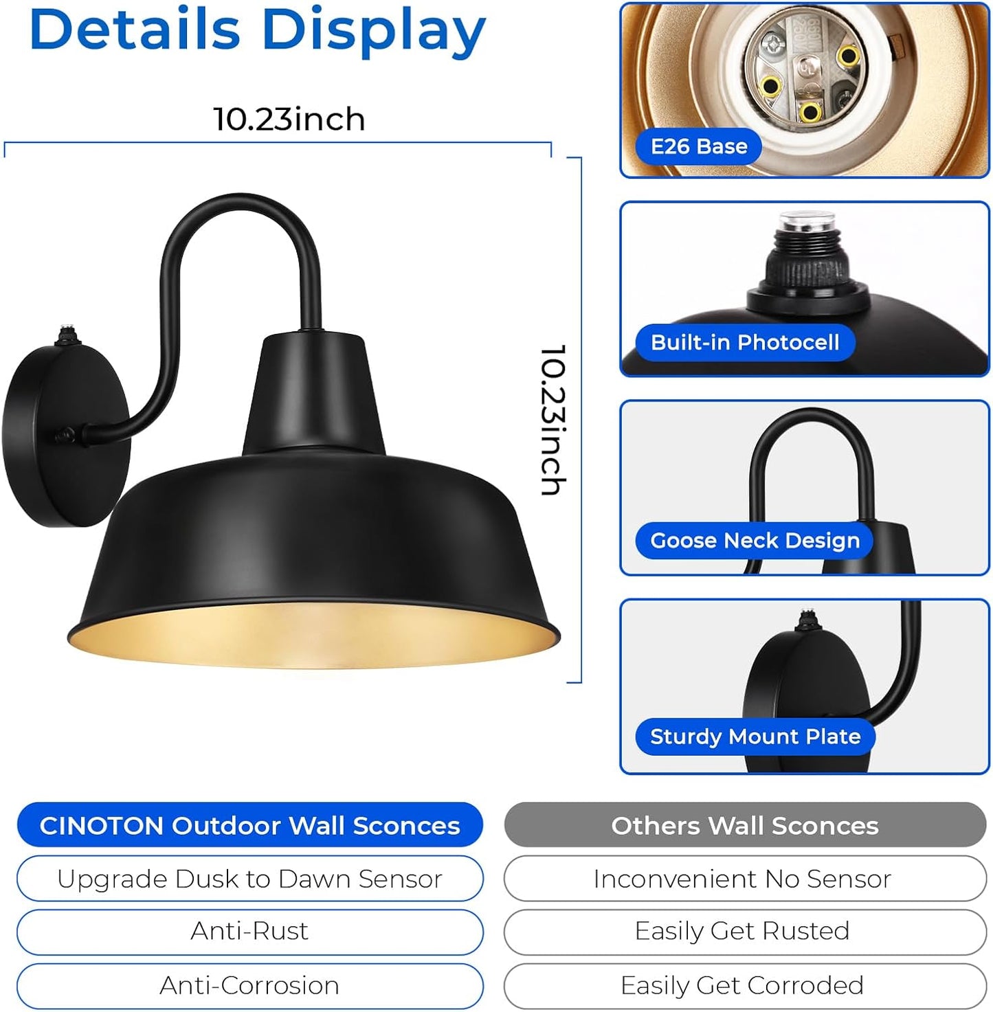 ROTTOGOON 2 Pack Dusk to Dawn Outdoor LED Wall Sconce Lights, Vintage Matte Black & Gold Gooseneck Barn Light, Anti-Rust Waterproof Exterior Lighting