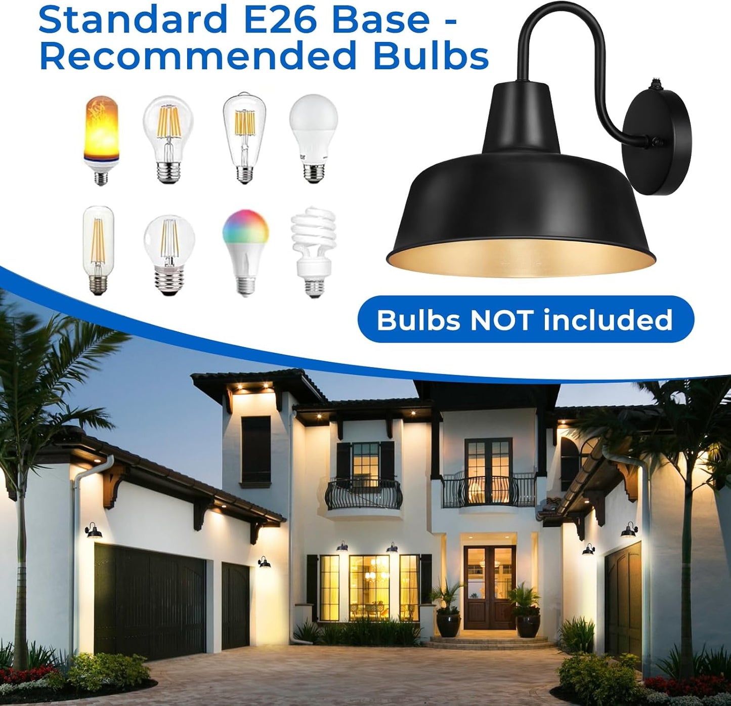 ROTTOGOON 2 Pack Dusk to Dawn Outdoor LED Wall Sconce Lights, Vintage Matte Black & Gold Gooseneck Barn Light, Anti-Rust Waterproof Exterior Lighting