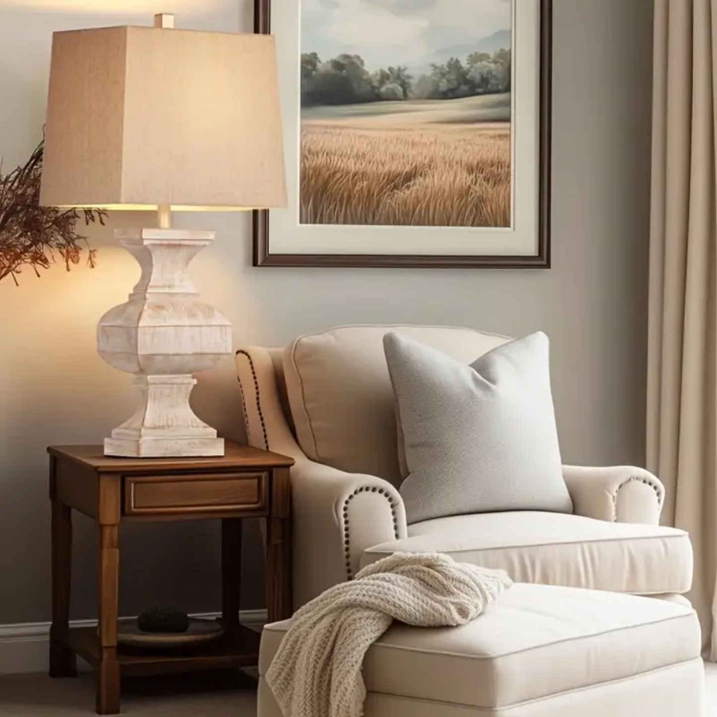 ROTTOGOON 33-inch Large Retro Resin Table Lamp, Rustic Side Table Lamp For Living Room Decor, With 1 LED Bulb, Beige for Living Rooms, Bedrooms