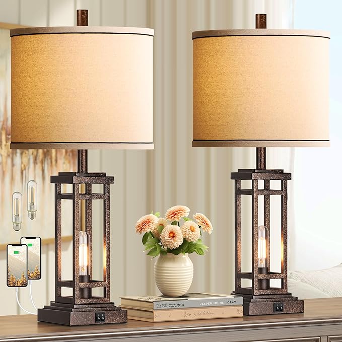 27.5 Tall Farmhouse Table Lamps with USB C + USB A Charge Ports, Rustic Living Room Lamps Set of 2, Black Industrial End Table Lamp for Bedroom Living Room Nightstand (Oil-Rubbed Bronze)