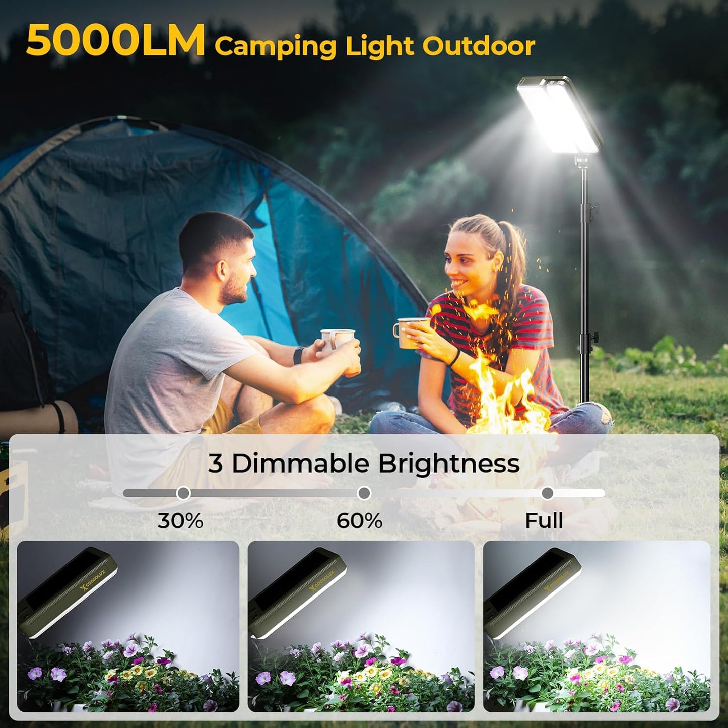 ROTTOGOON 1 Pack Outdoor Solar Camping Lights, LED Work Light with 2 Lighting Heads, IP65 Waterproof Cordless Solar Powered & USB-C Stand Floor Light with Iron Telescoping Tripod