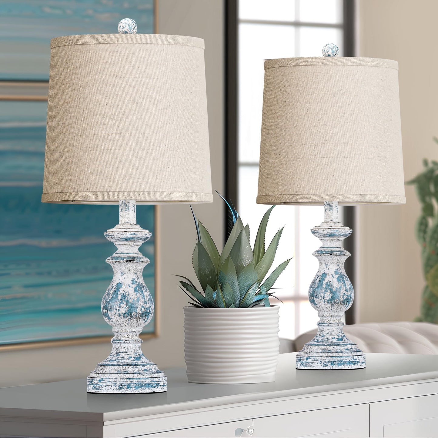 Traditional Table Lamp Set of 2, Rustic Farmhouse Table Lamps for Living Room Bedroom, 22" Bedside Desk Lamps Vintage Nightstand Lamps with Linen Shades, Washed Blue