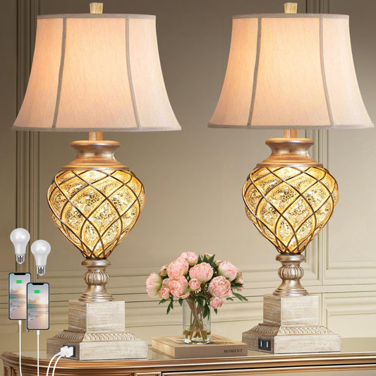 ROTTOGOON 29” Tall Table Lamps Set of 2 for Living Room with Lantern Nightlight,Traditional Bedroom Silver Mercury Glass Lamps for Nightstand, Bedside