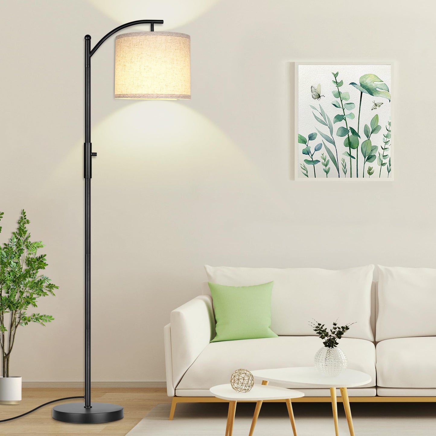 Dimmable Floor Lamp, Arc Floor Lamps for Living Room, Stepless Dimming Modern Standing Lamp with Linen Shade, Tall Lamp for Bedroom Office Dining Room- Black