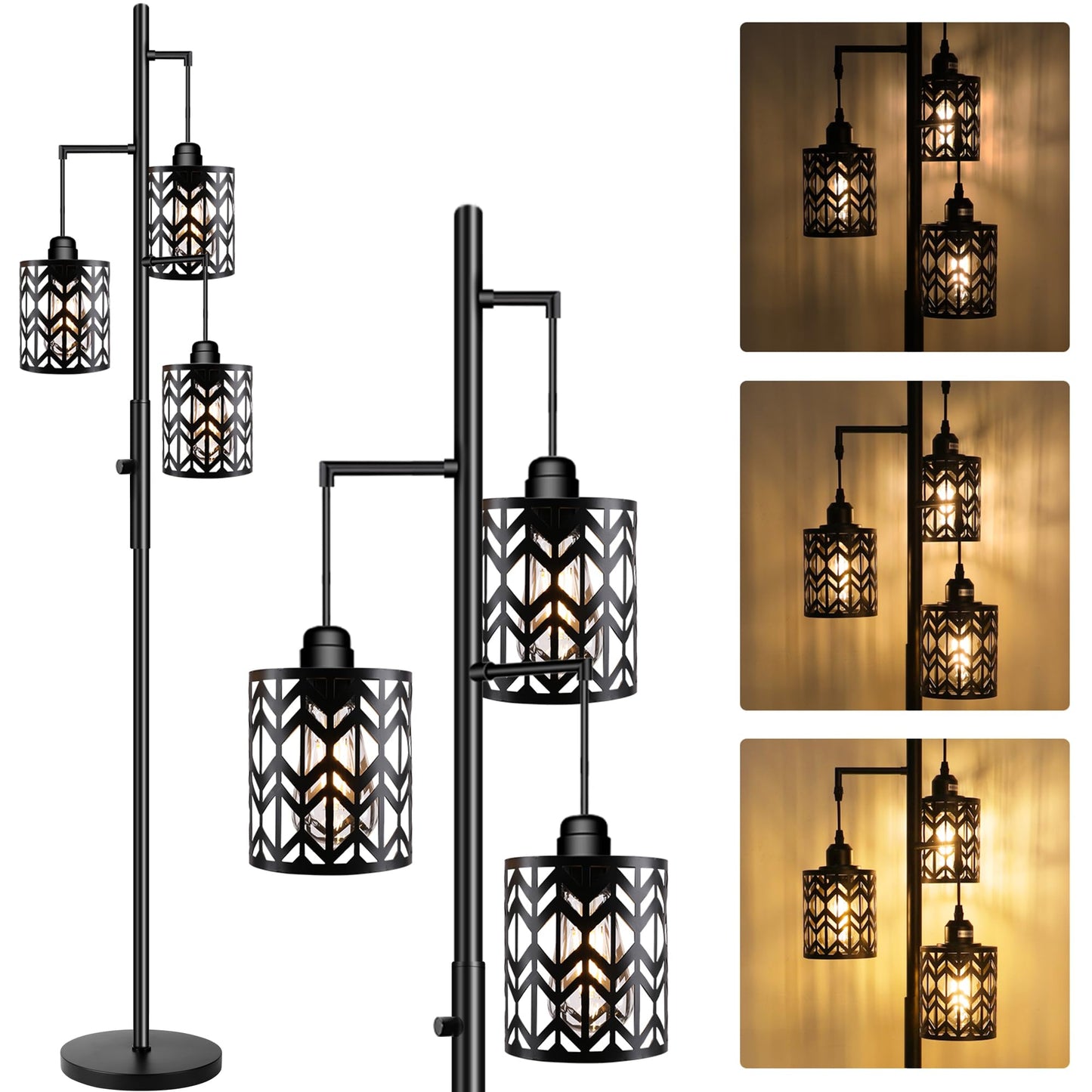 Dimmable Floor Lamp, Industrial Standing Floor lamp for Living Room, Tall Farmhouse Rustic lamp with 3 LED Bulbs, Tree Floor Lamp for Bedrooms, Living Room, Home Office, Metal, Black, 68"